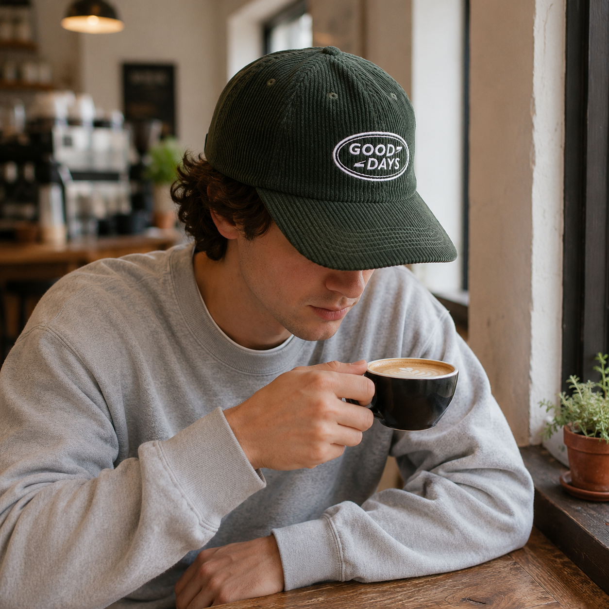 Vintage Olive Corduroy 5 Panel Cap with Embroidered Good Days Logo
