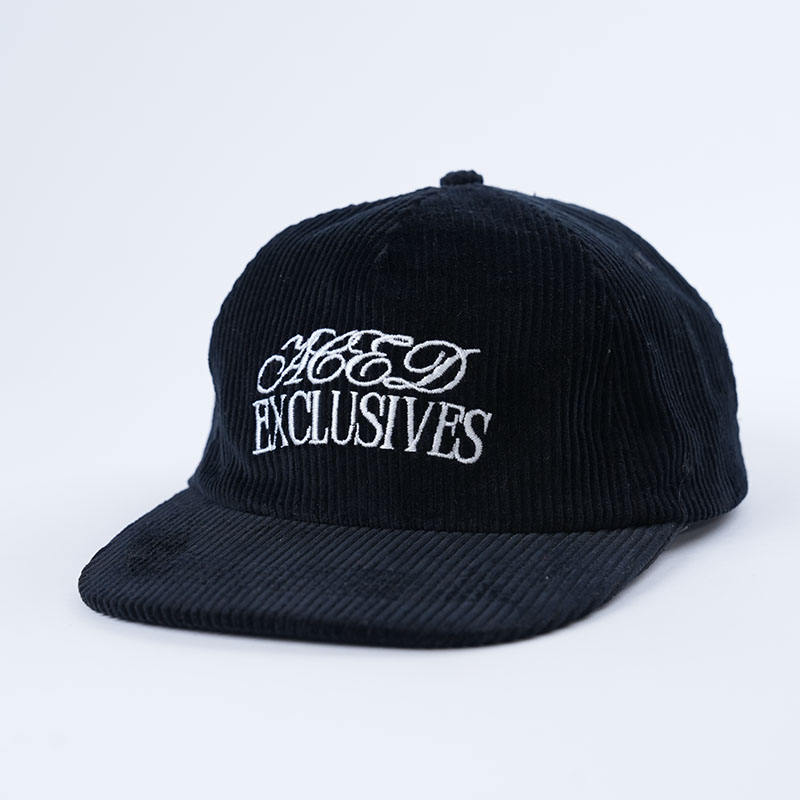Black Corduroy Five-Panel Script Embroidery Snapback Cap
