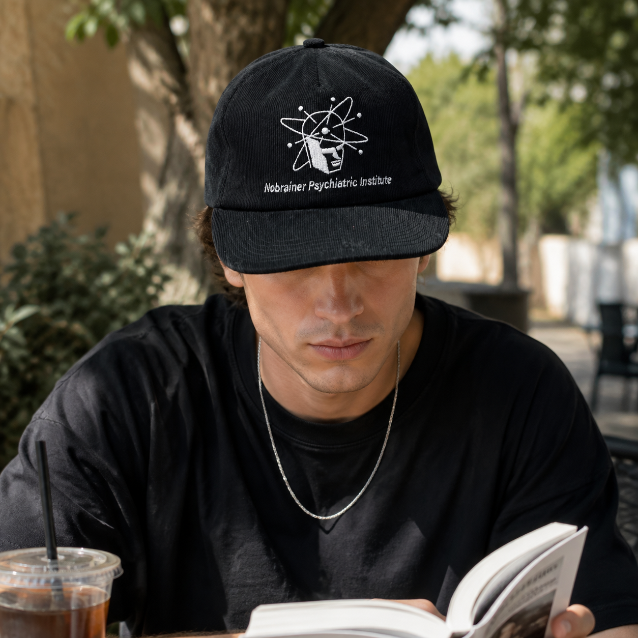 Vintage Black Corduroy Snapback Cap with Embroidered Graphic Logo, Adjustable Flat Brim Streetwear Hat