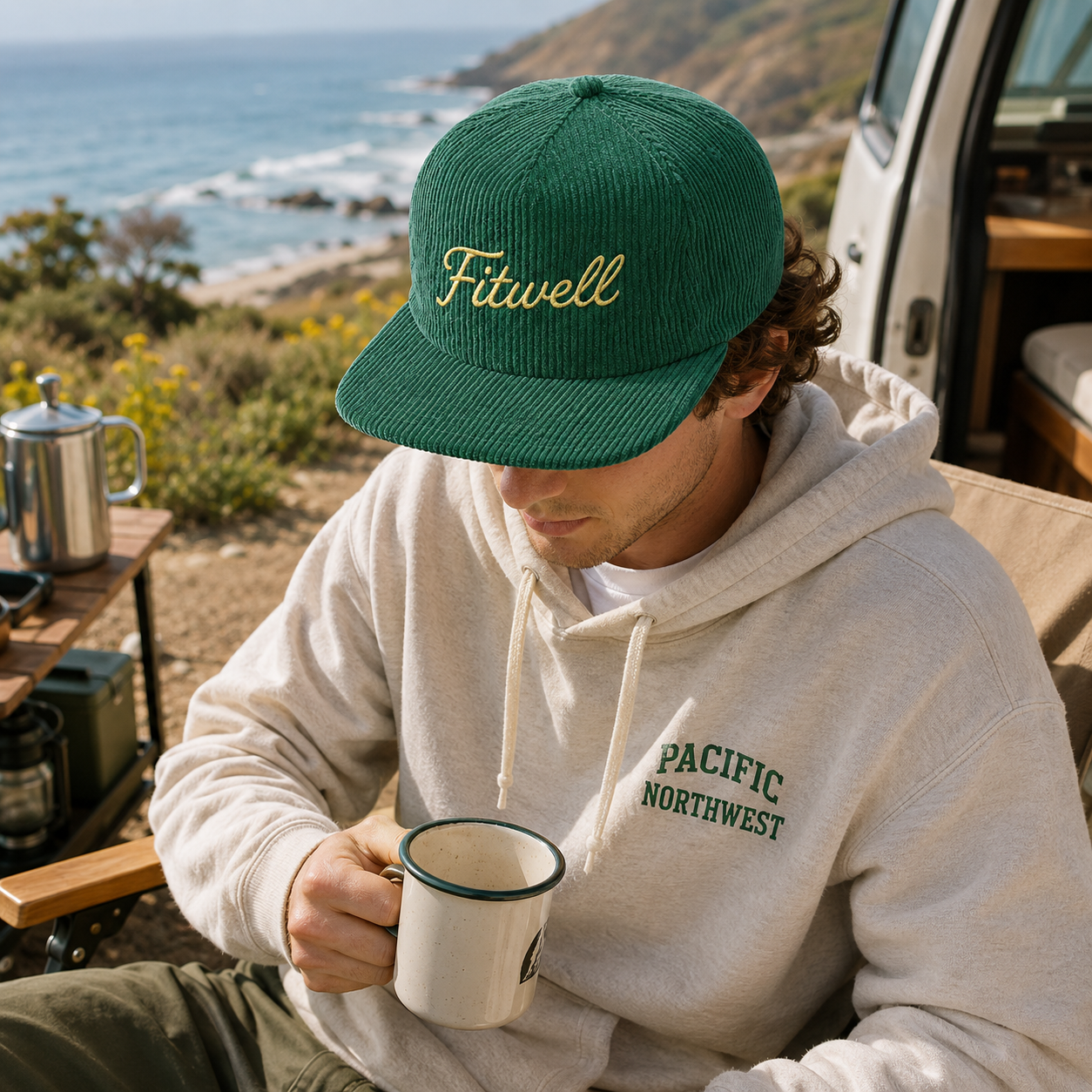 Teal Green Corduroy Flat Brim Script Embroidery Snapback Hat