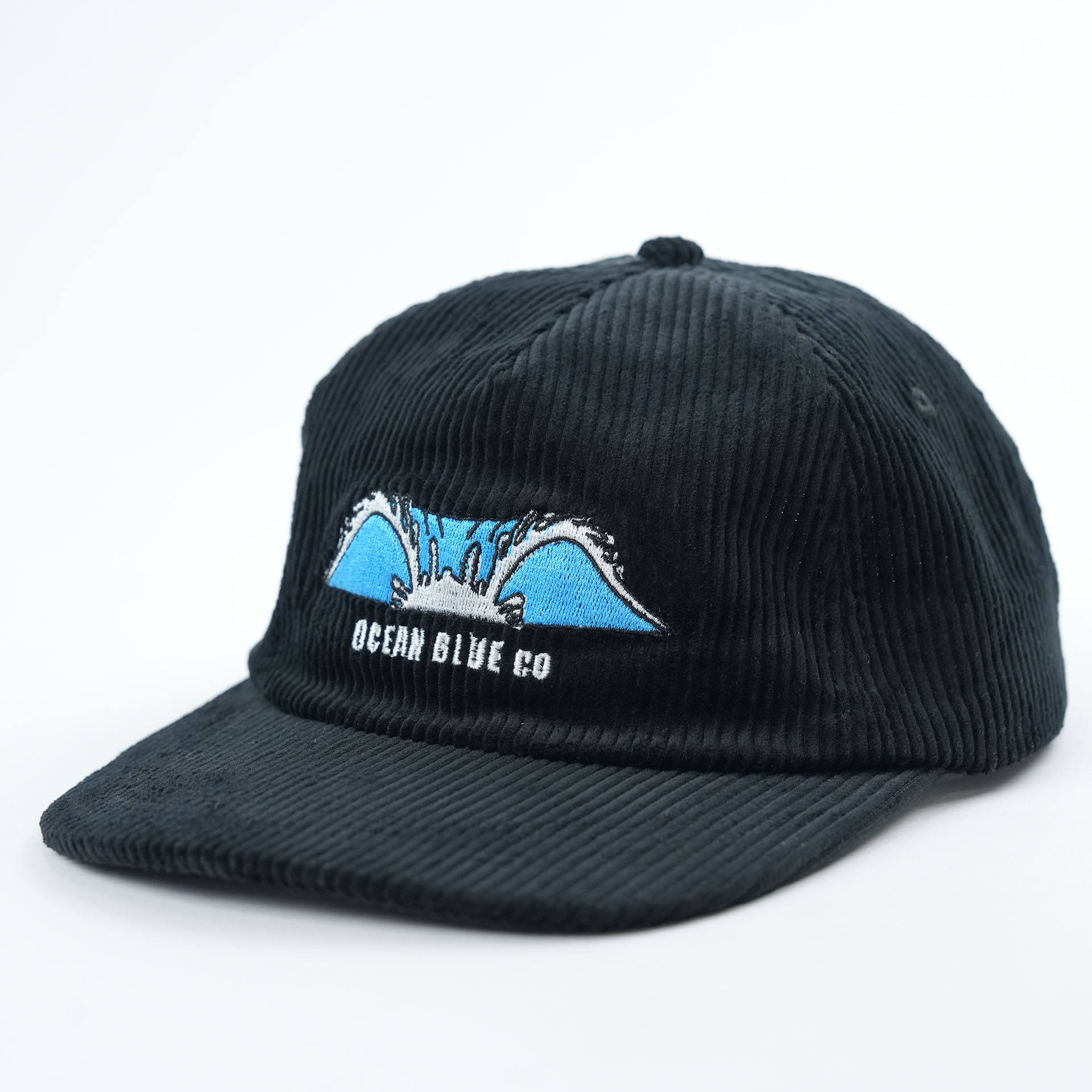 Black Corduroy Ocean Wave Embroidered Five-Panel Snapback Cap