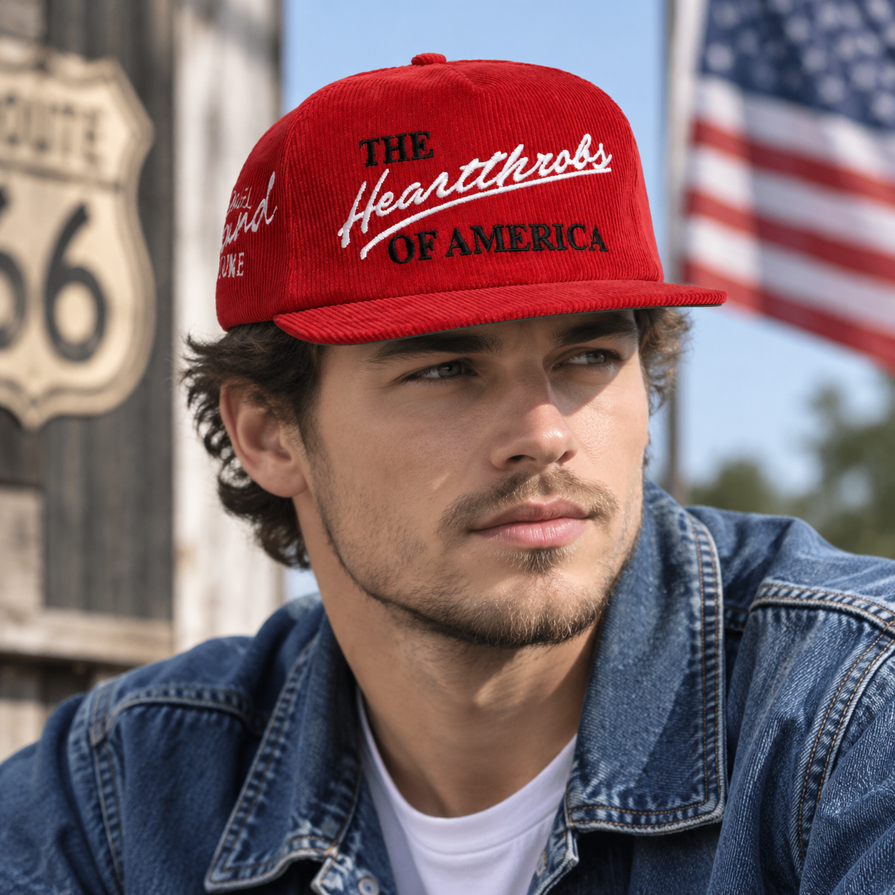 Red Corduroy 5-Panel Snapback Hat with Heartthrobs of America Embroidery