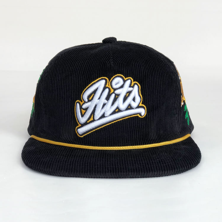 Black Corduroy Rope Trim Script Embroidered Snapback Cap