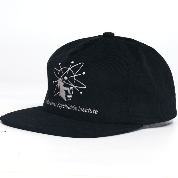 Vintage Black Corduroy Snapback Cap with Embroidered Graphic Logo, Adjustable Flat Brim Streetwear Hat