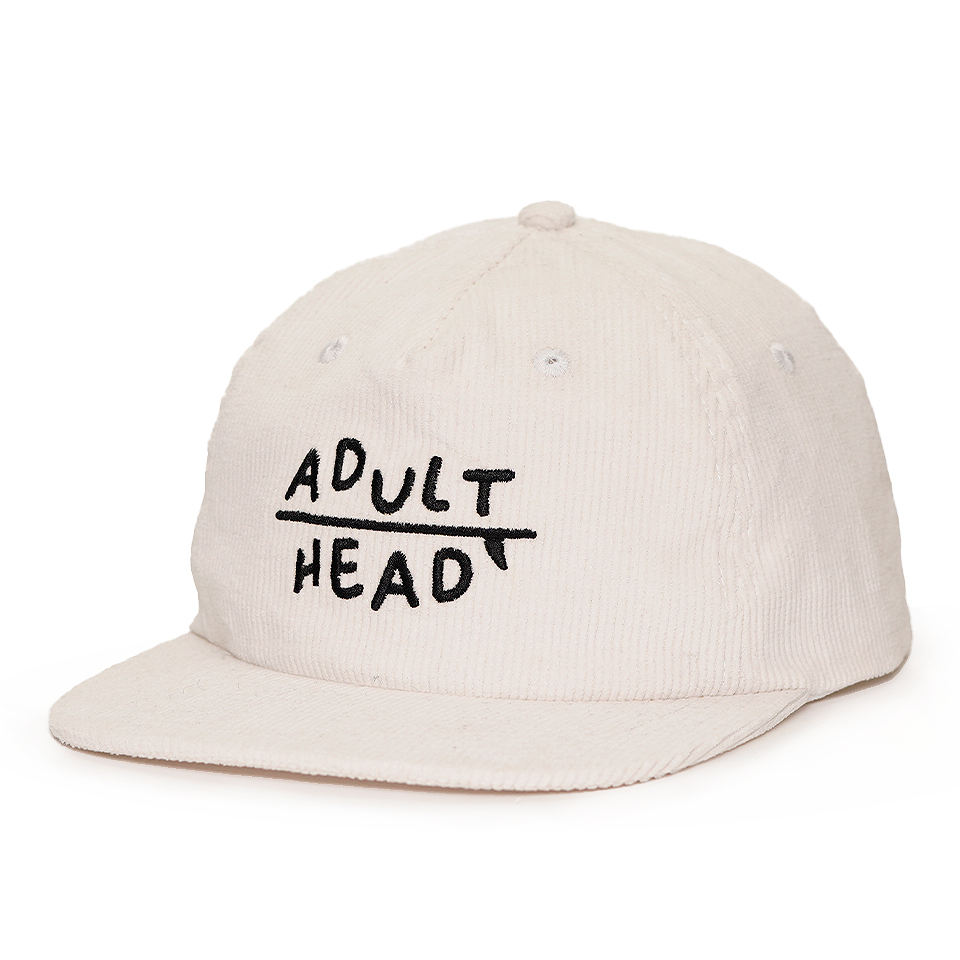 White Corduroy Snapback Cap with Minimalist Embroidered Logo and Flat Brim Design