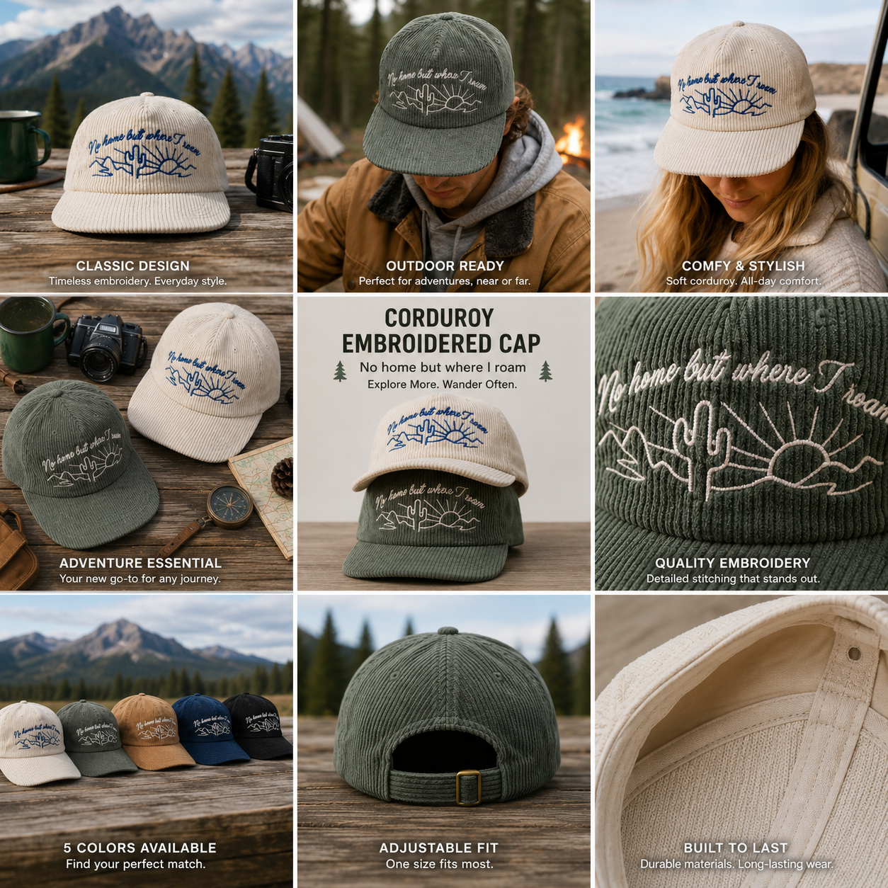 Desert Roam Embroidered Corduroy Five-Panel Snapback Cap