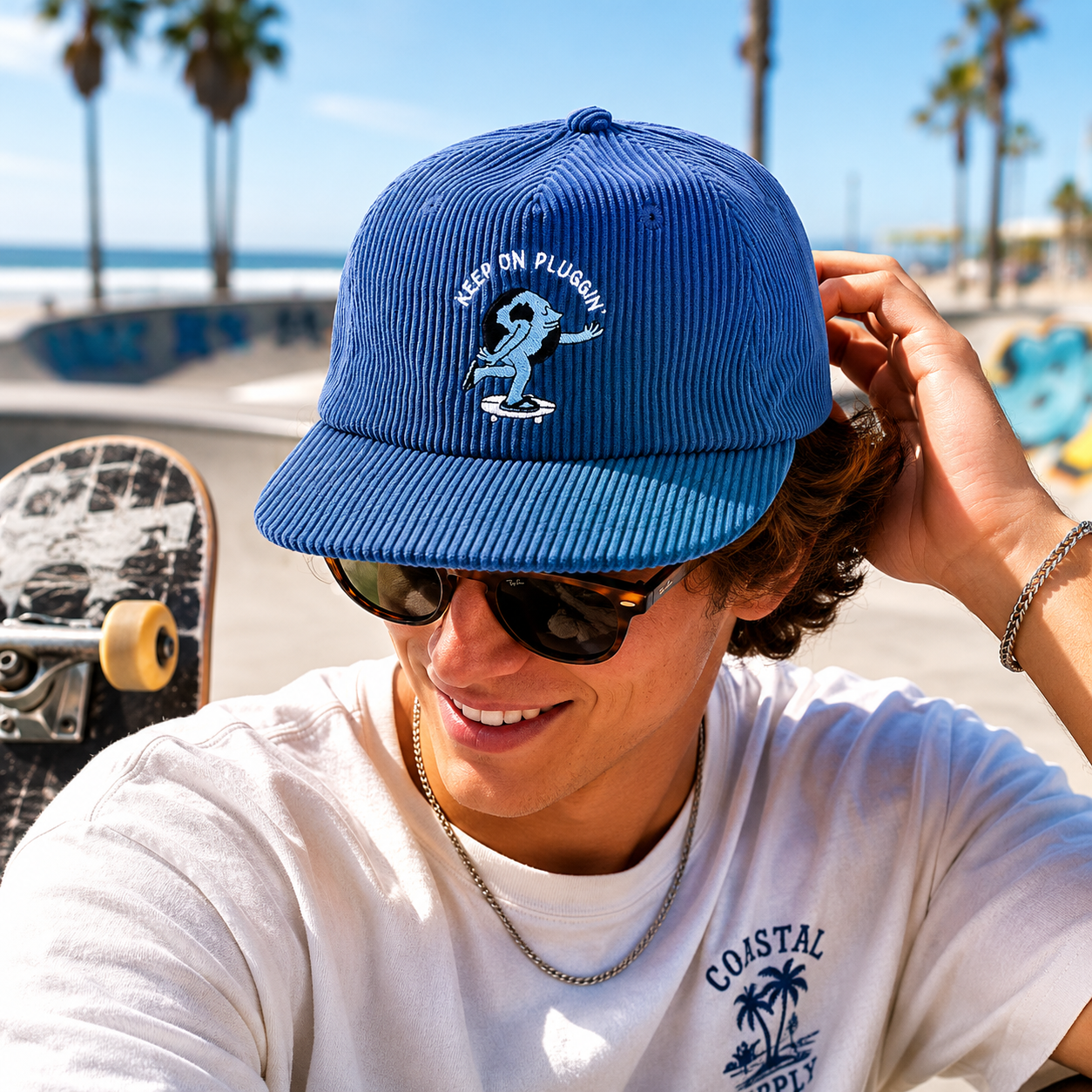 Blue Corduroy Snapback Cap with Embroidered Skateboard Character Logo