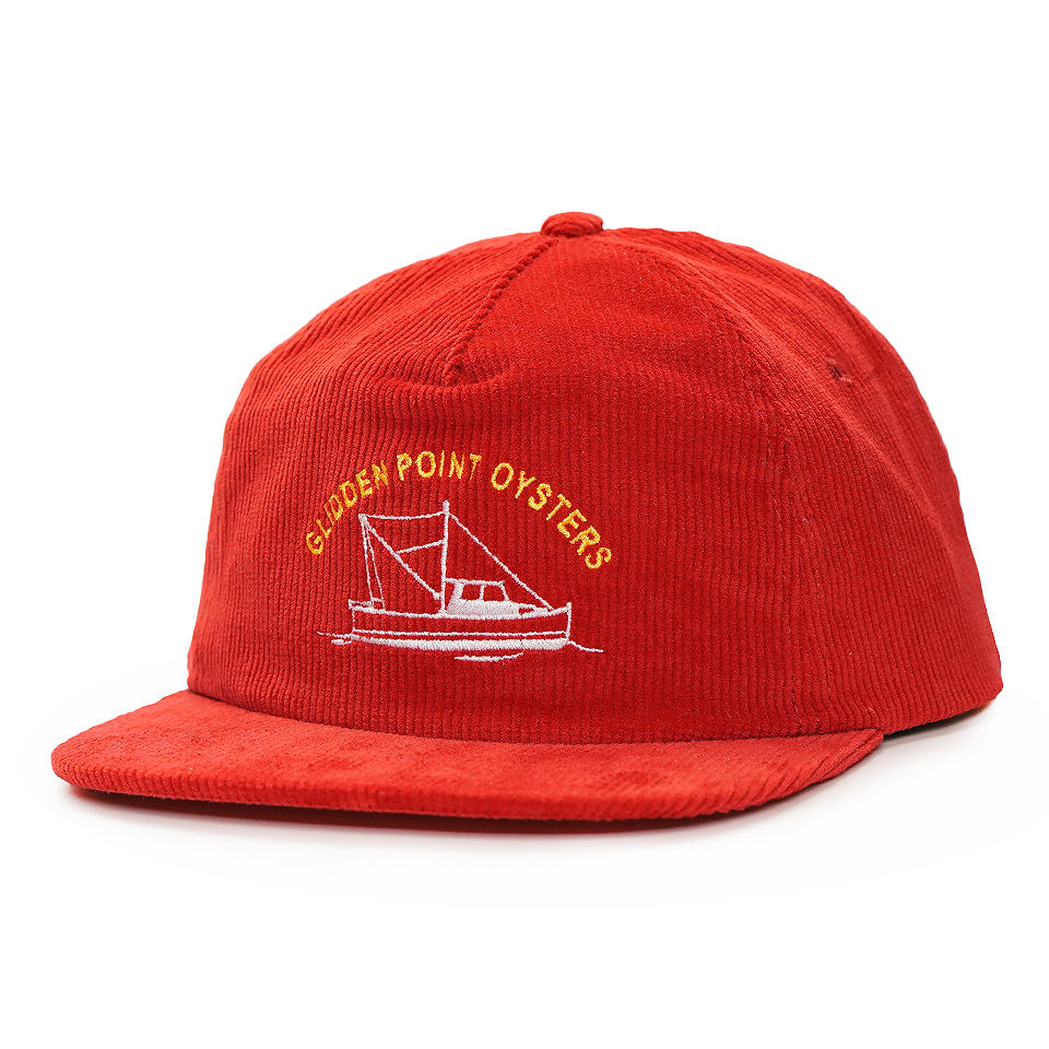 Red Corduroy 5 Panel Snapback Cap with Embroidered Boat Graphic Logo and Flat Brim