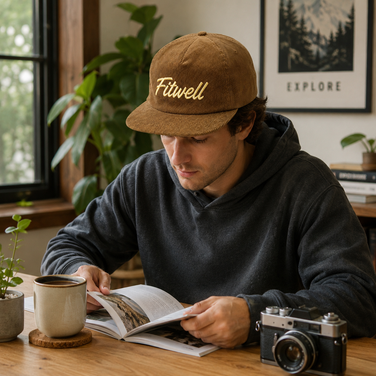Brown Corduroy 5-Panel Snapback Cap with LOWBROW ANGLER Embroidery, Soft Crown & Flat Brim