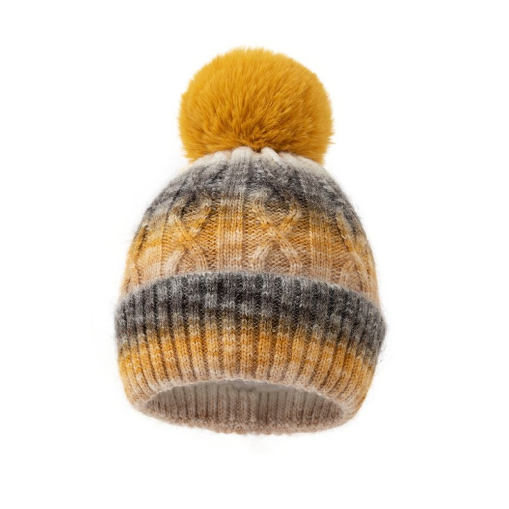 Ombre Cable Knit Cuffed Beanie with Oversized Faux Fur Pom Pom and Soft Lining – Gray Blue Mustard Pastel Multicolor Winter Hat