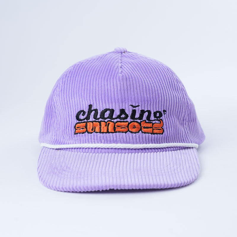 Purple Corduroy Snapback Cap with Chasing Sunsets Embroidered Logo