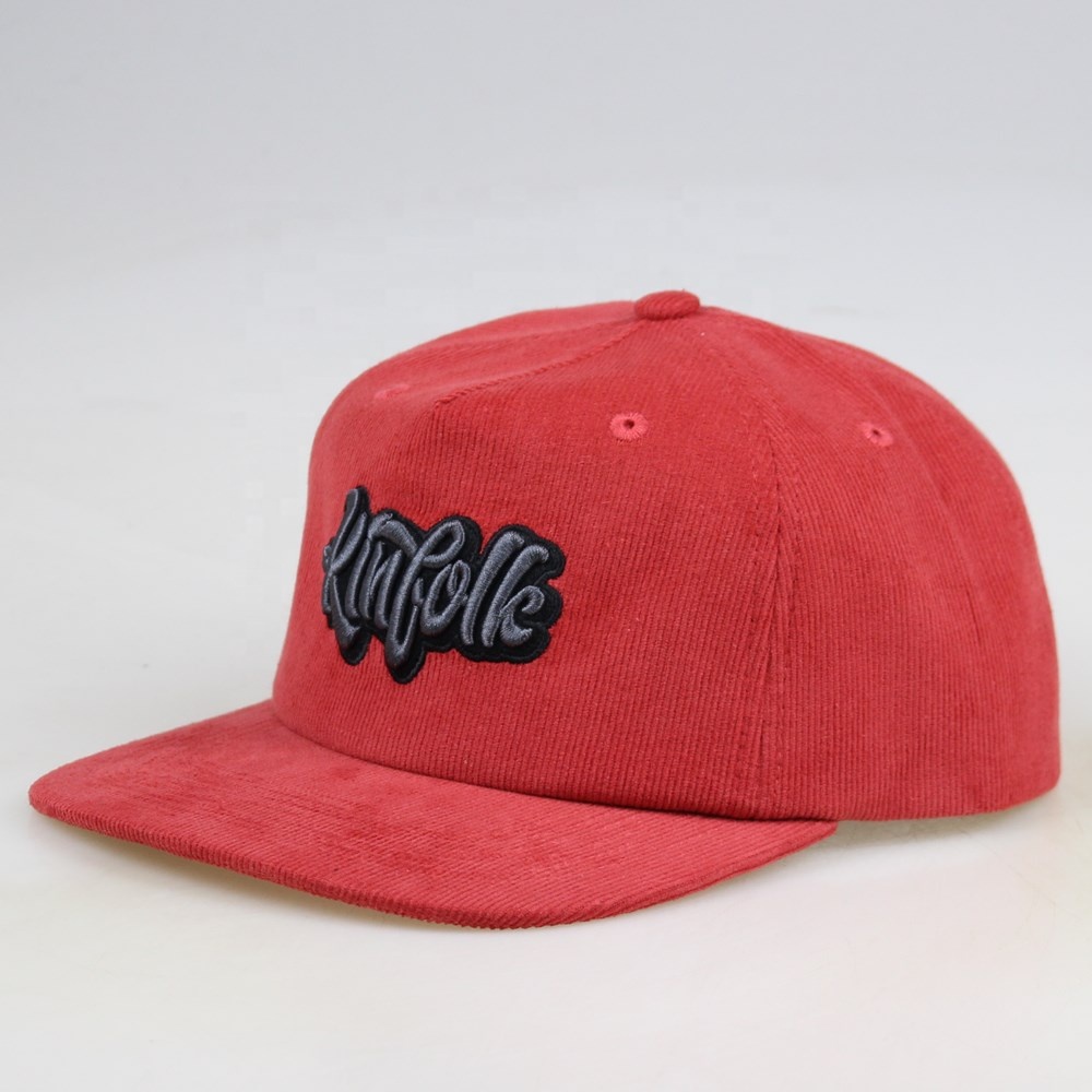 Red Kinfolk Script Embroidered Corduroy Five-Panel Snapback Cap