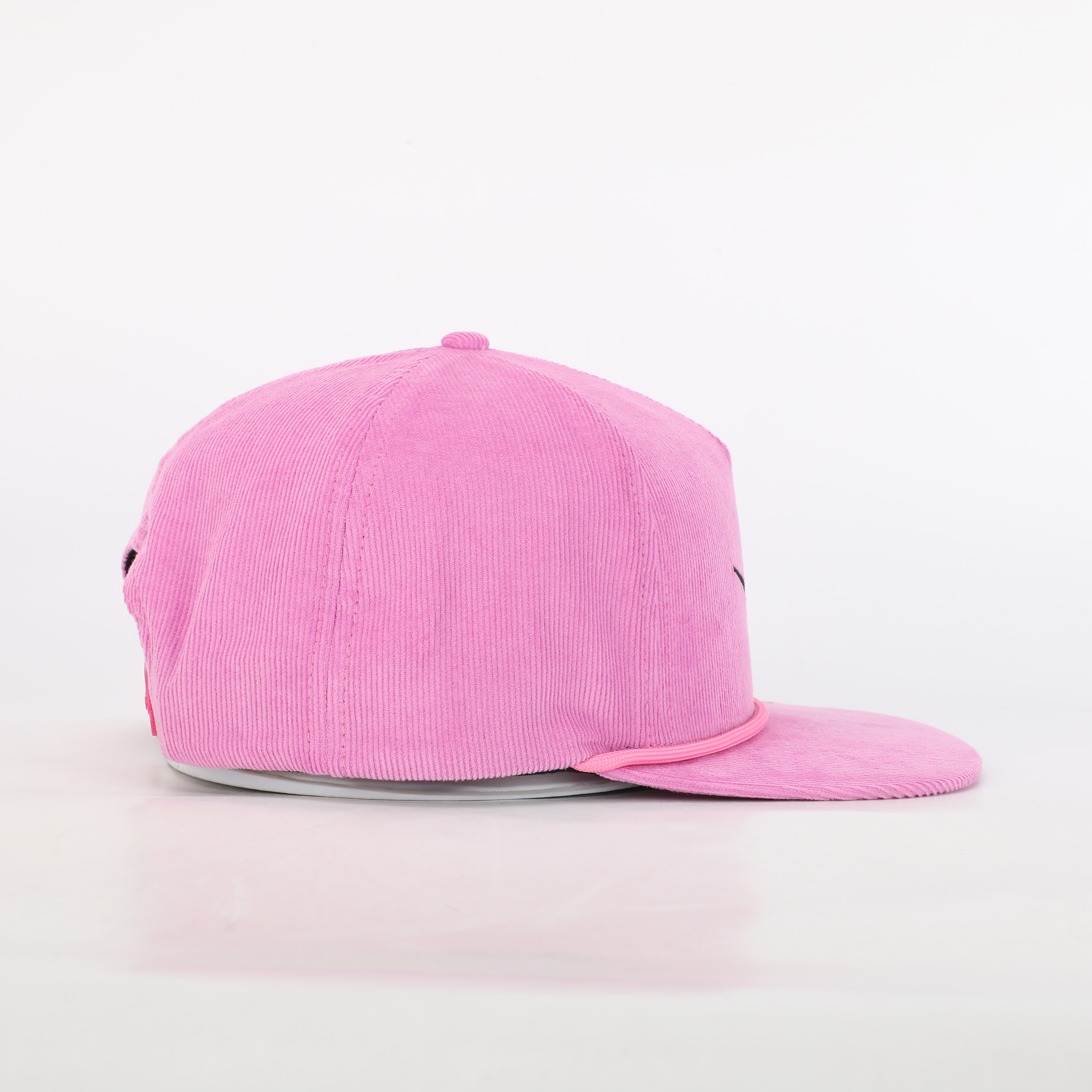 Pink Corduroy Snapback Cap with Embroidered Logo Flat Brim Streetwear Hat