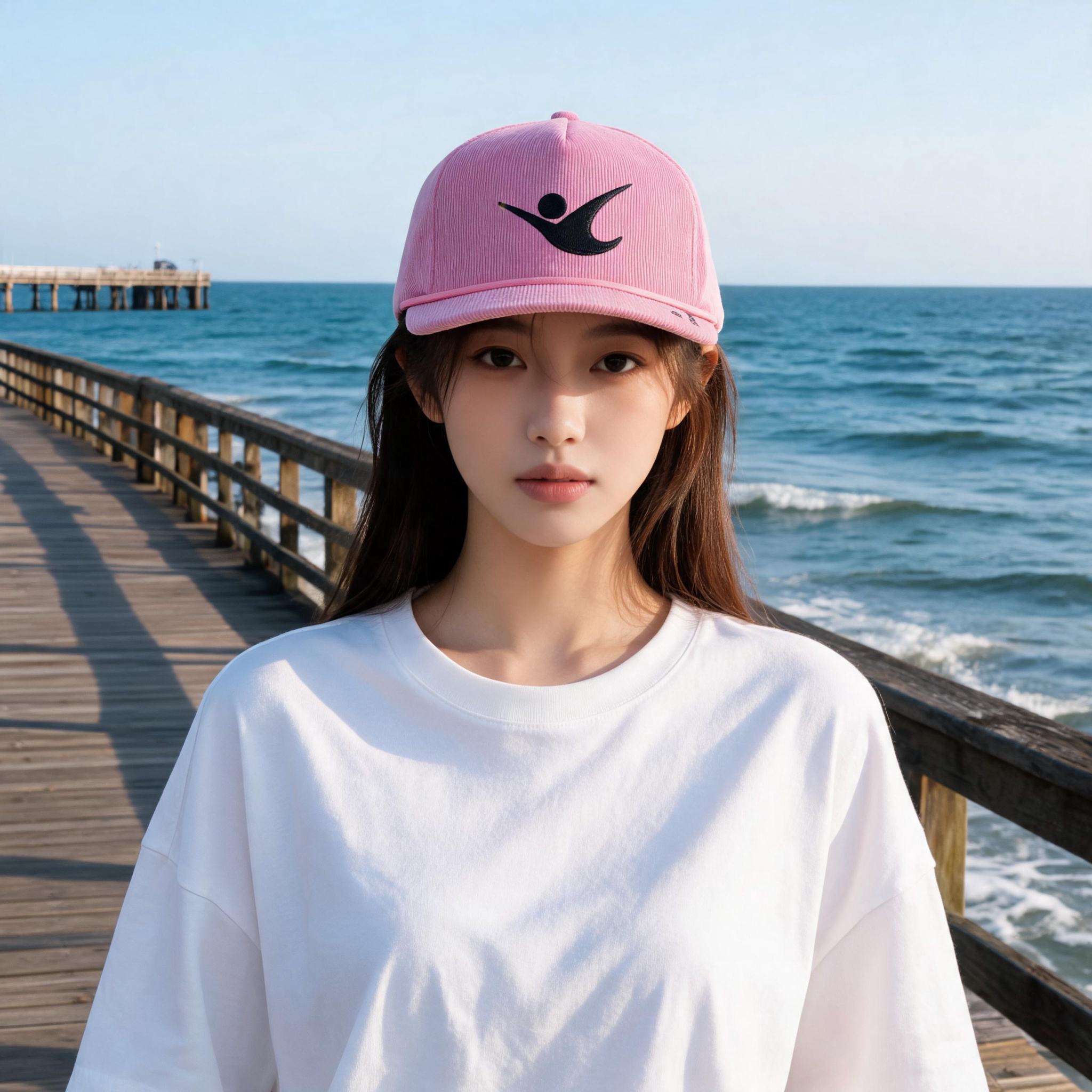 Pink Corduroy Snapback Cap with Embroidered Logo Flat Brim Streetwear Hat