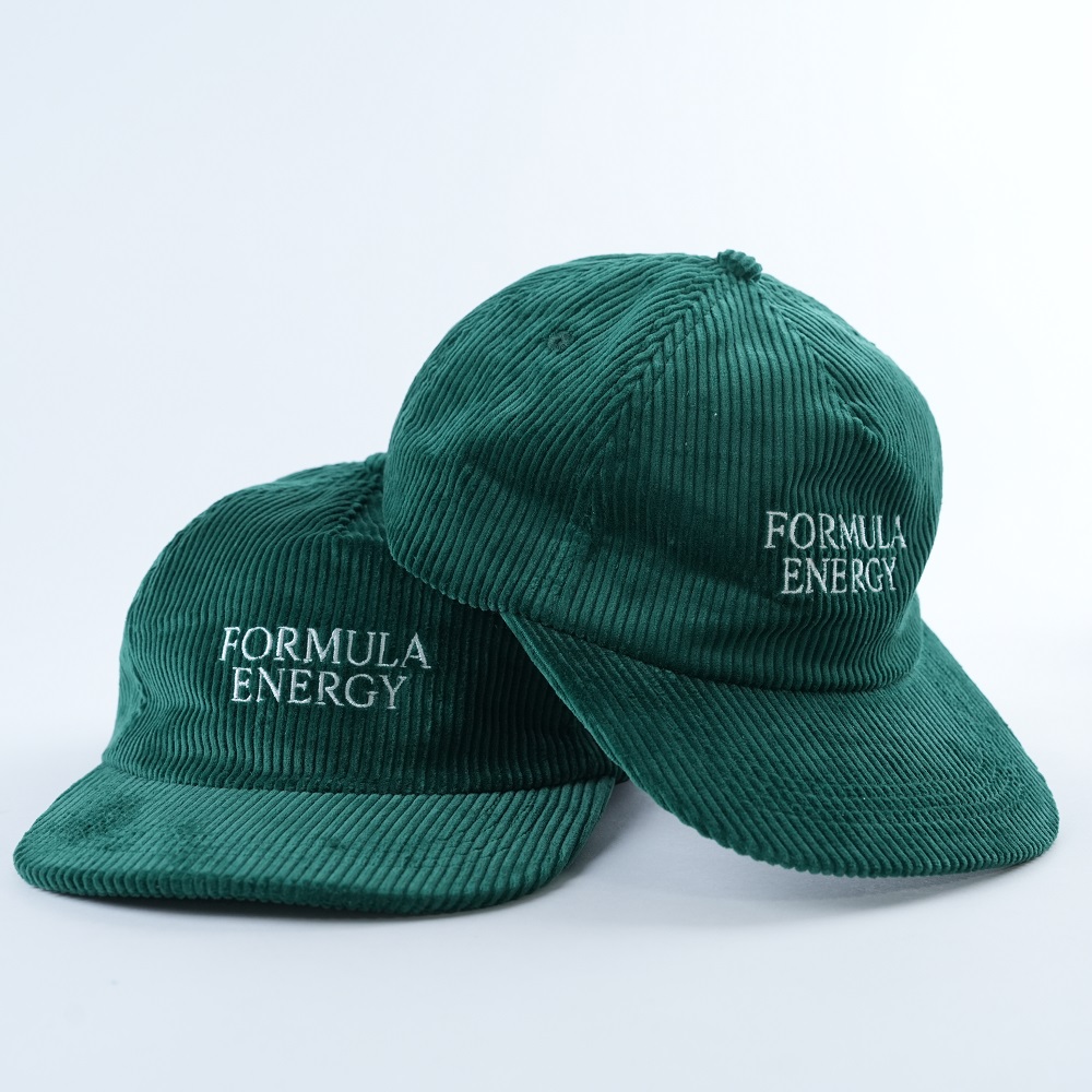 Dark Green Corduroy Five-Panel Cap with White Text Embroidery