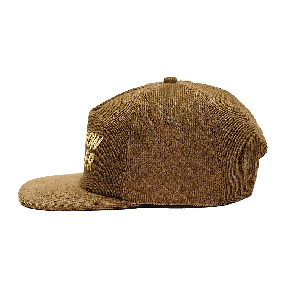 Brown Corduroy 5-Panel Snapback Cap with LOWBROW ANGLER Embroidery, Soft Crown & Flat Brim