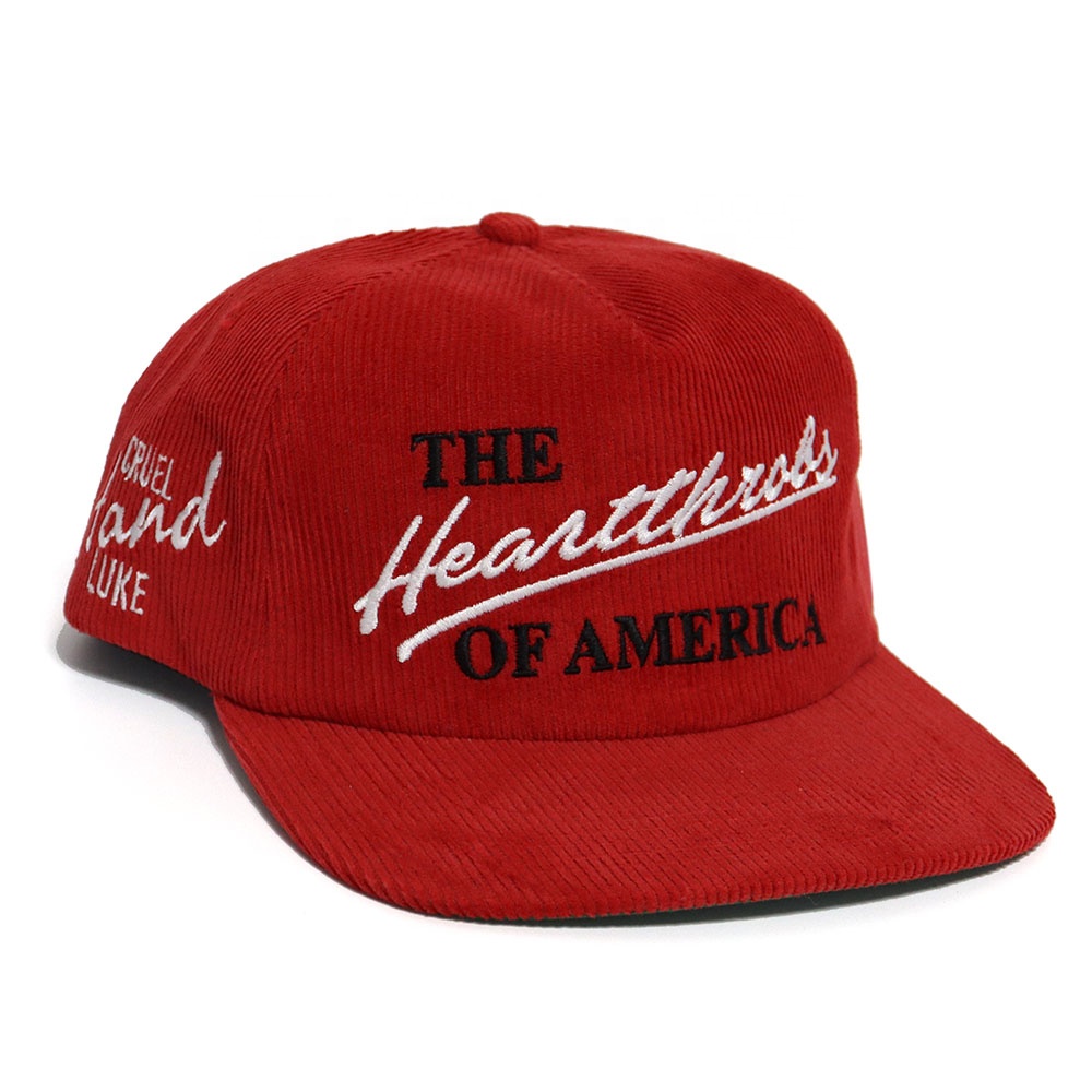 Red Corduroy 5-Panel Snapback Hat with Heartthrobs of America Embroidery