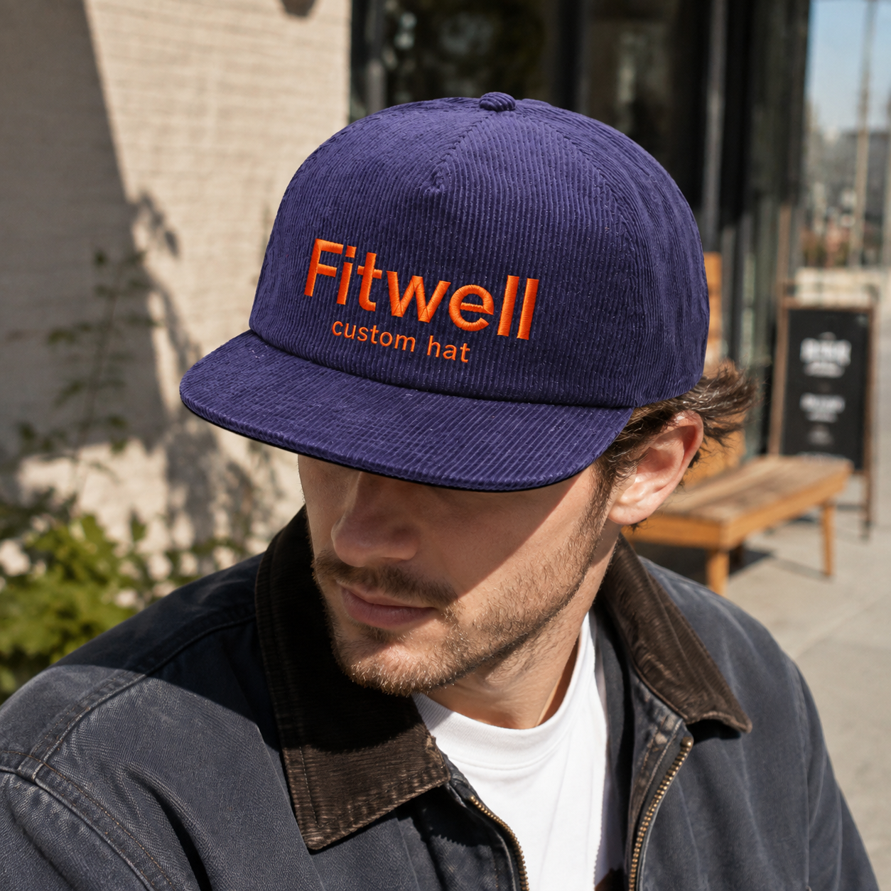 Navy Blue Corduroy Snapback Cap with Soft Front Panel and Embroidered Logo