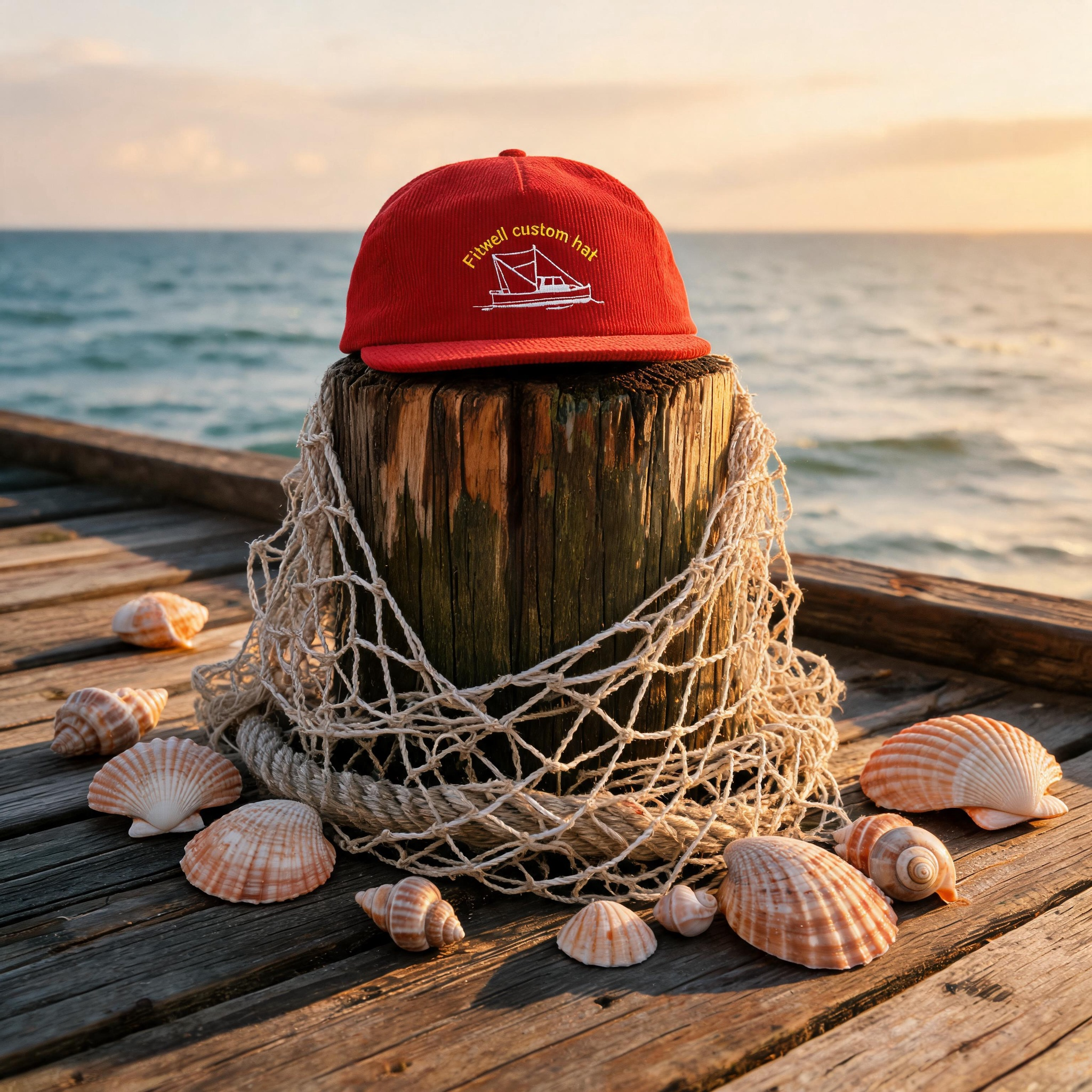 Red Corduroy 5 Panel Snapback Cap with Embroidered Boat Graphic Logo and Flat Brim