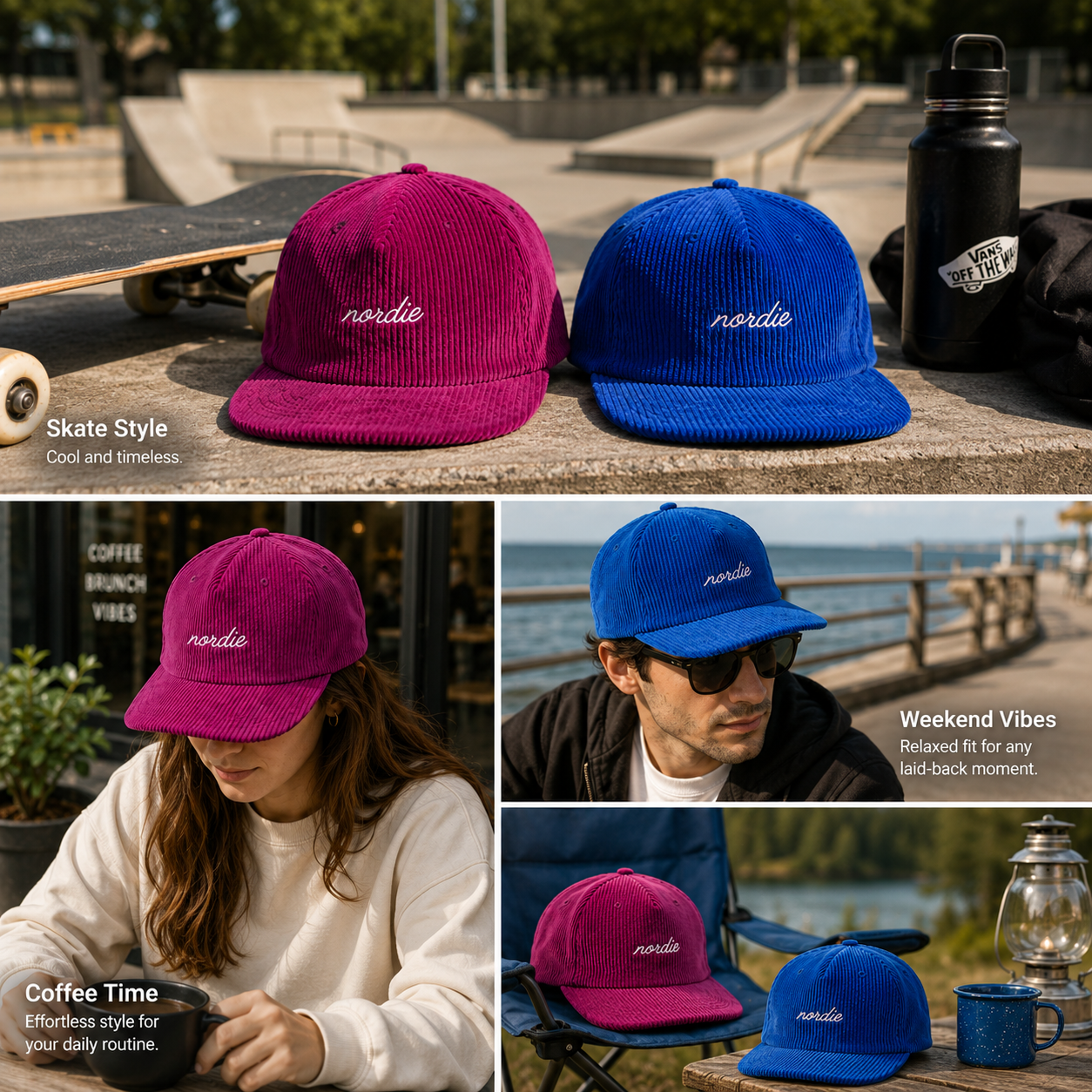 Magenta Blue Corduroy Flat Brim Snapback Caps with Script Embroidery