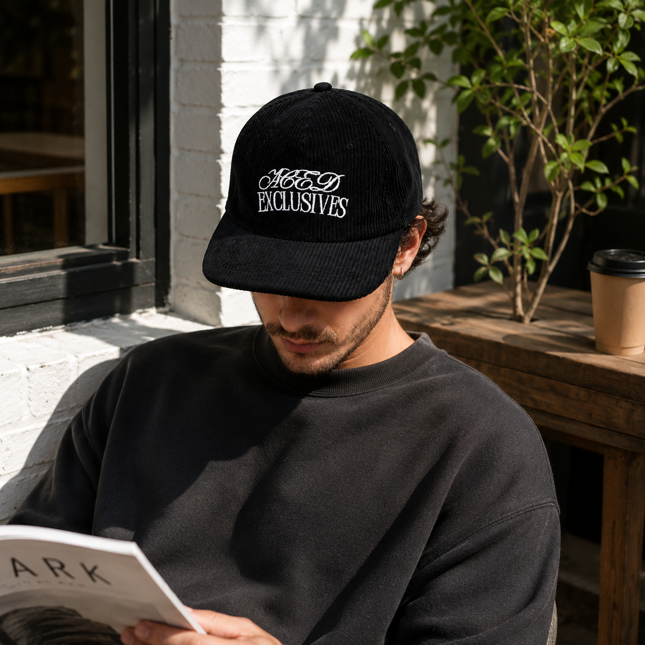 Black Corduroy Five-Panel Script Embroidery Snapback Cap