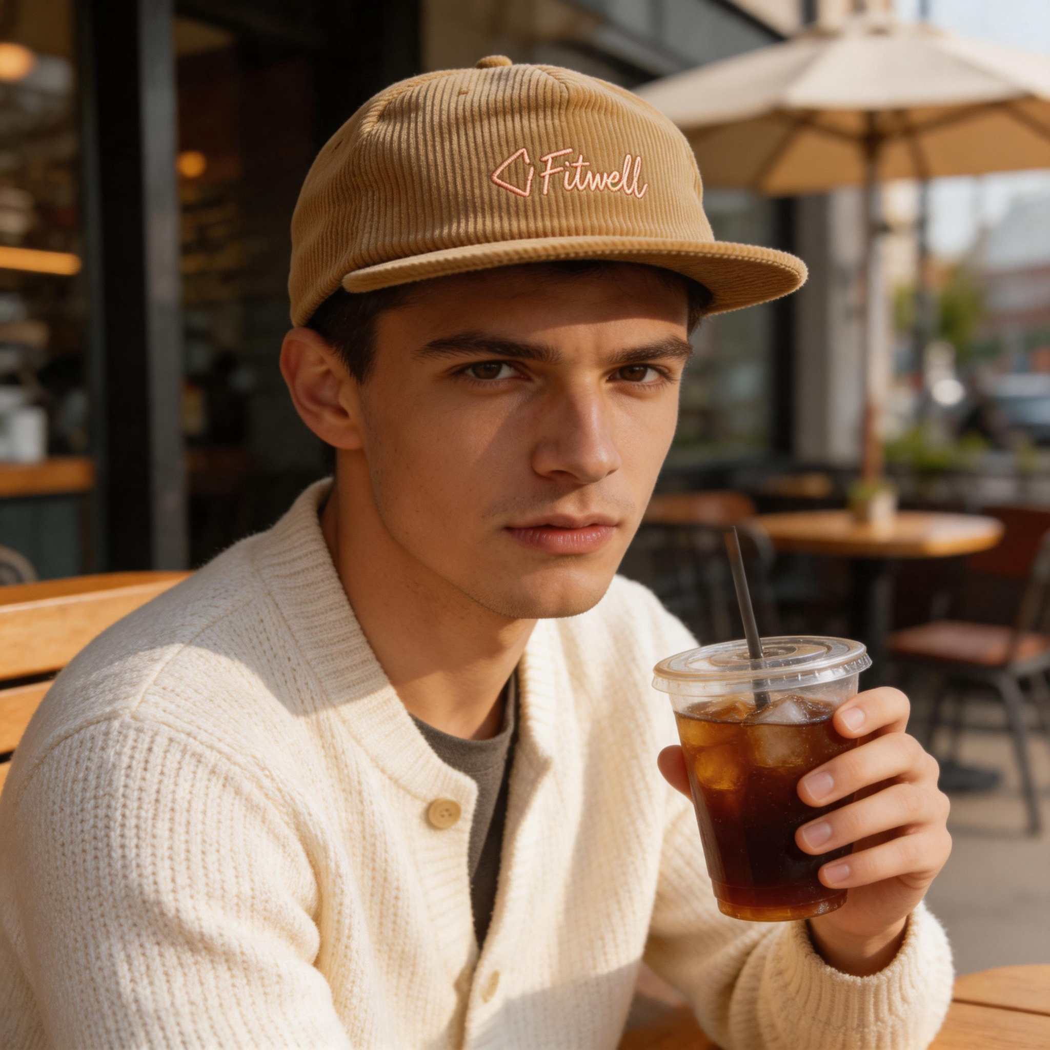 Khaki Corduroy Soft-Front 5-Panel Snapback Cap with Embroidered Script Logo and Flat Brim – Unisex Vintage Streetwear Hat