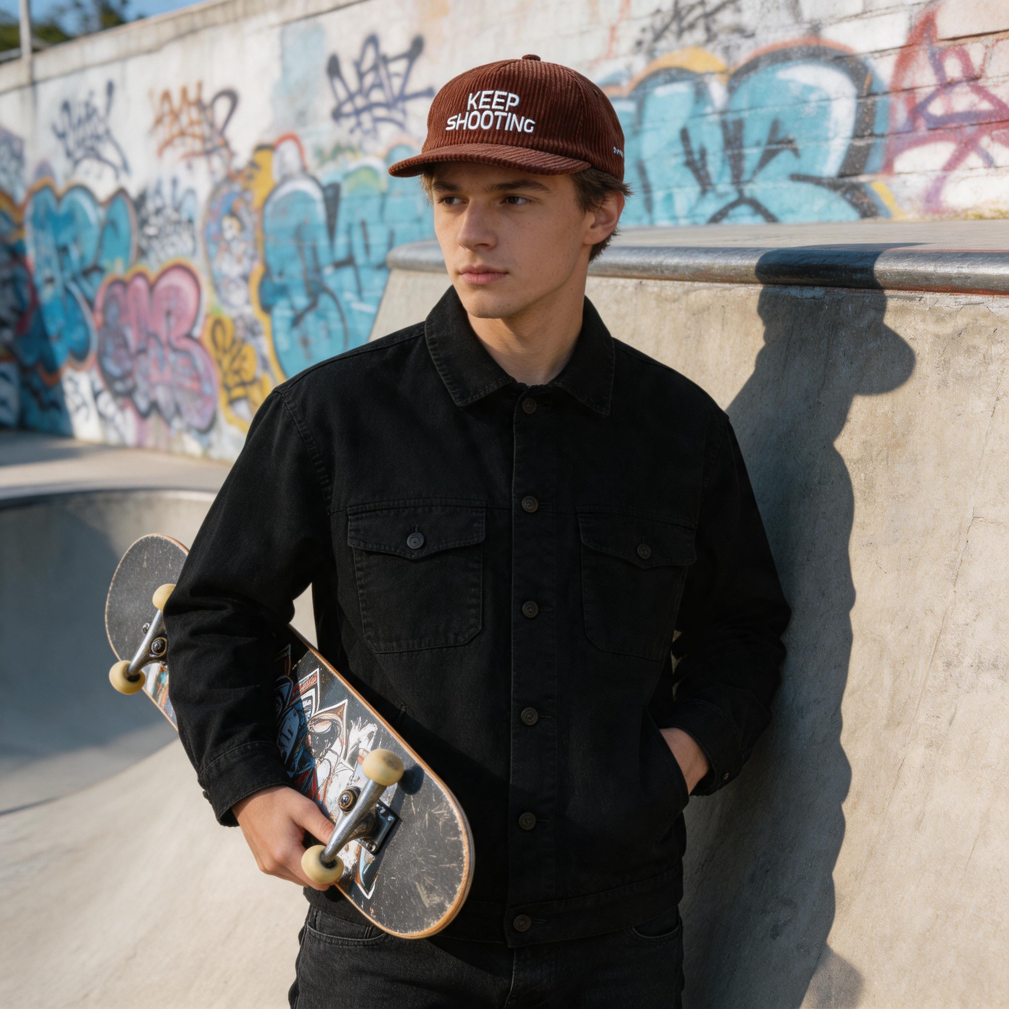 Vintage Corduroy Snapback Cap with Embroidered Keep Shooting Logo