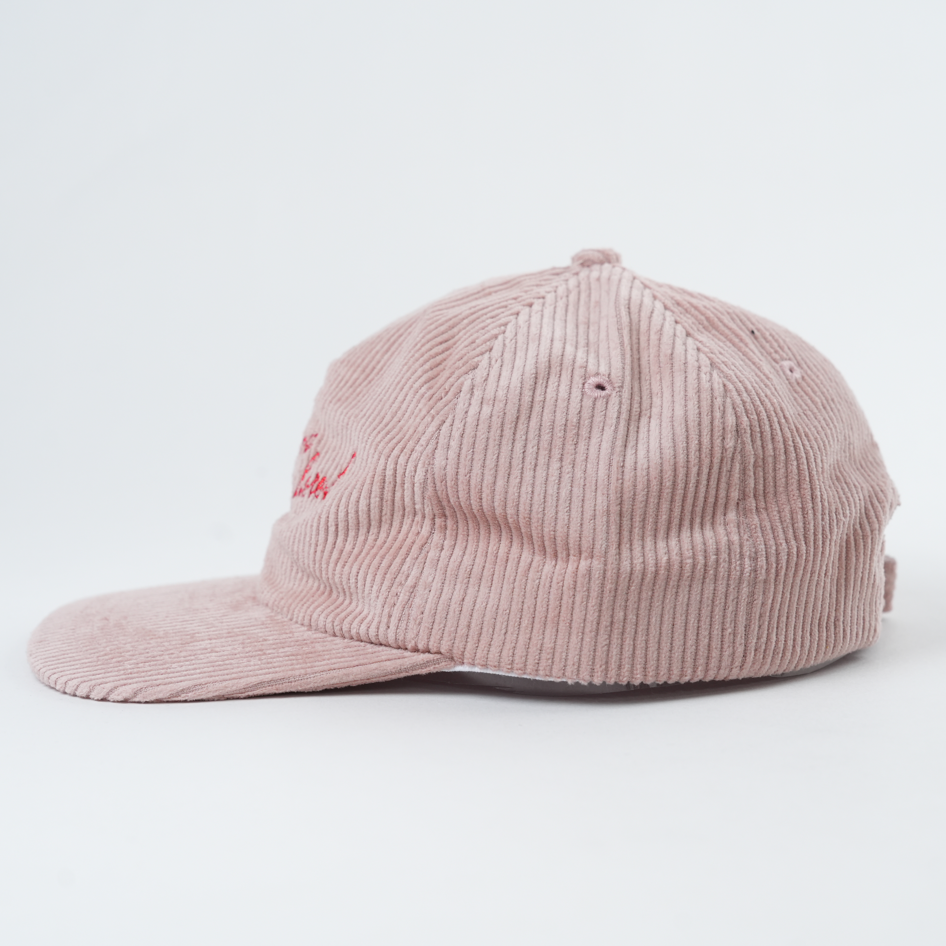 Pink Corduroy Five Panel Cap with Red Wish You Were Here Embroidery