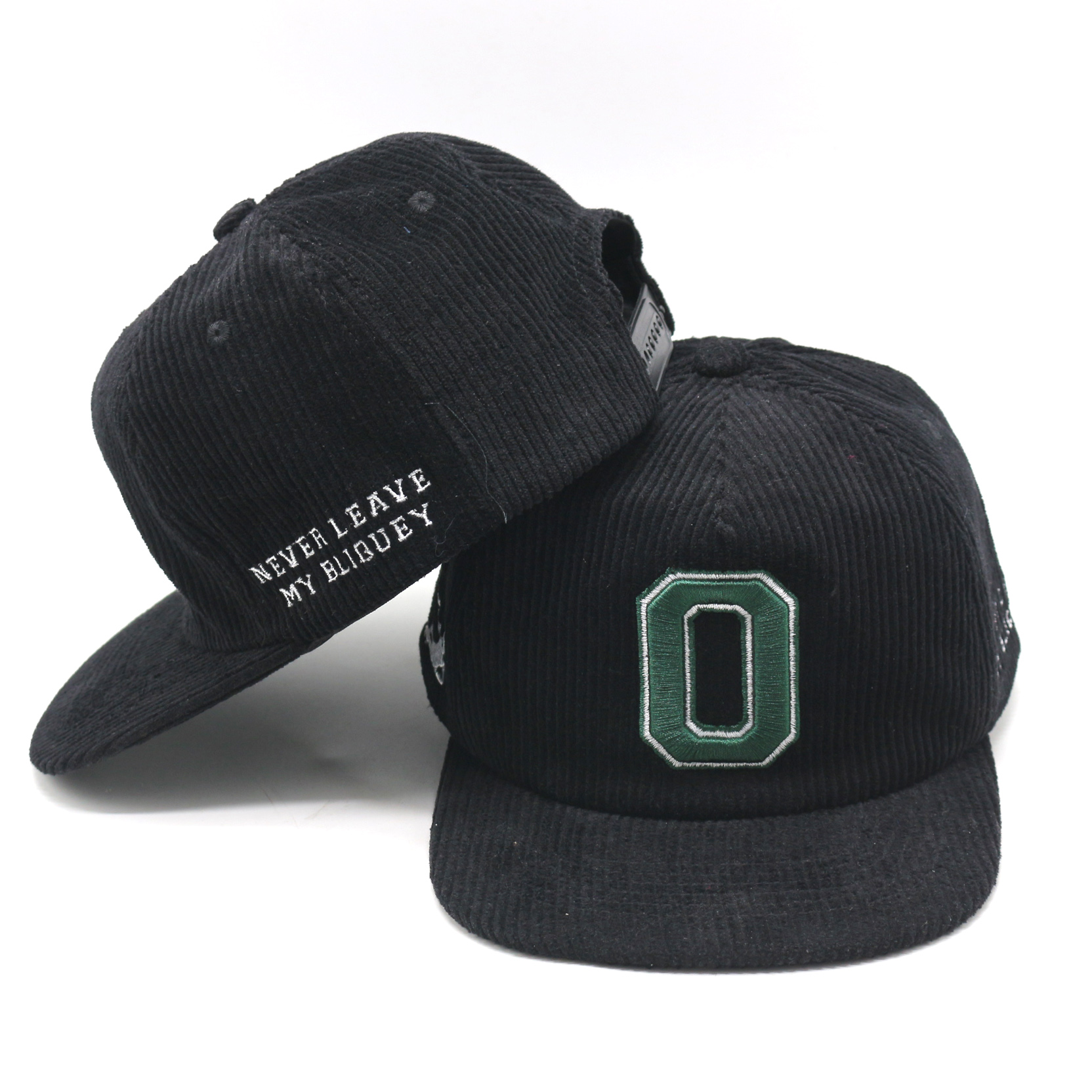 Black Corduroy Flat Brim Snapback Cap with Embroidered Front Logo
