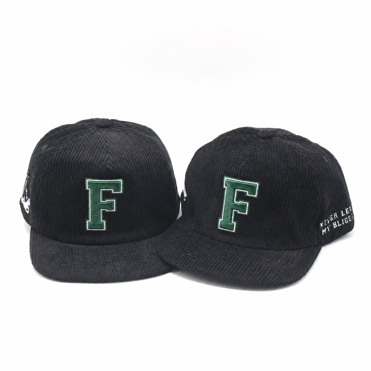 Black Corduroy Flat Brim Snapback Cap with Embroidered Front Logo