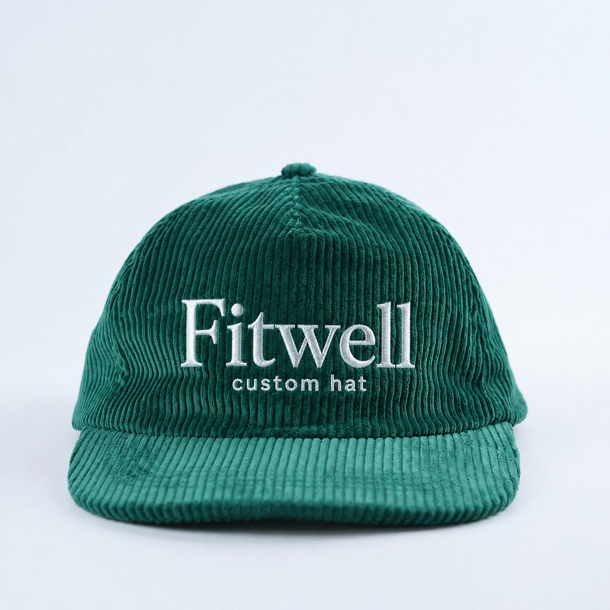 Dark Green Corduroy Five-Panel Cap with White Text Embroidery