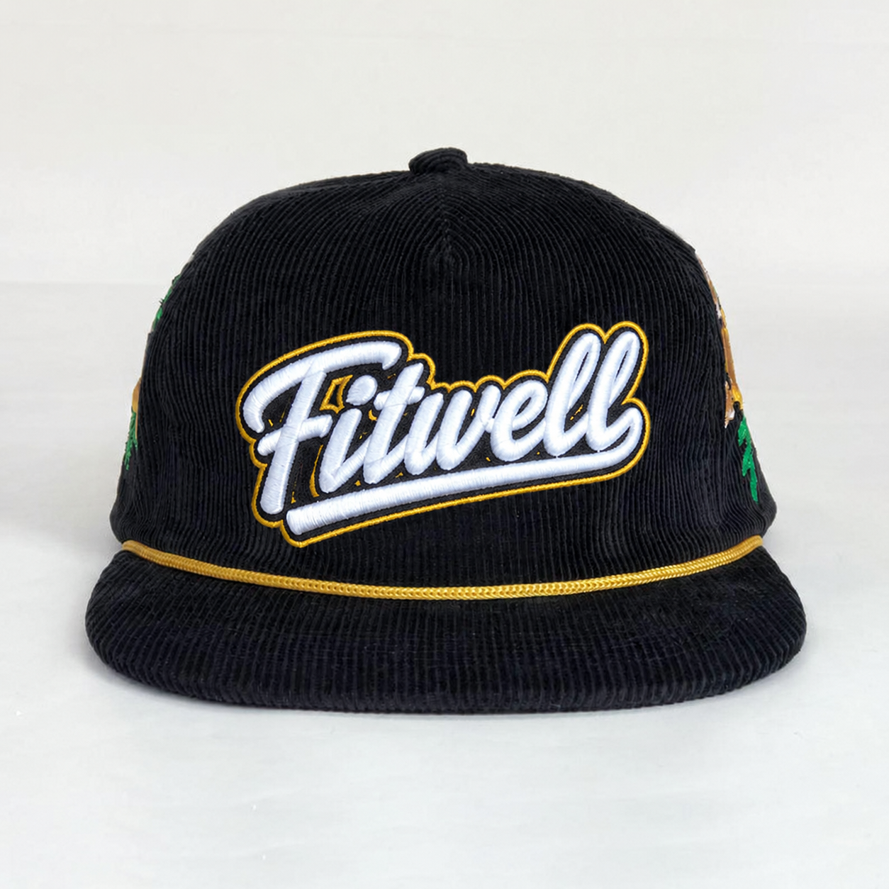 Black Corduroy Rope Trim Script Embroidered Snapback Cap