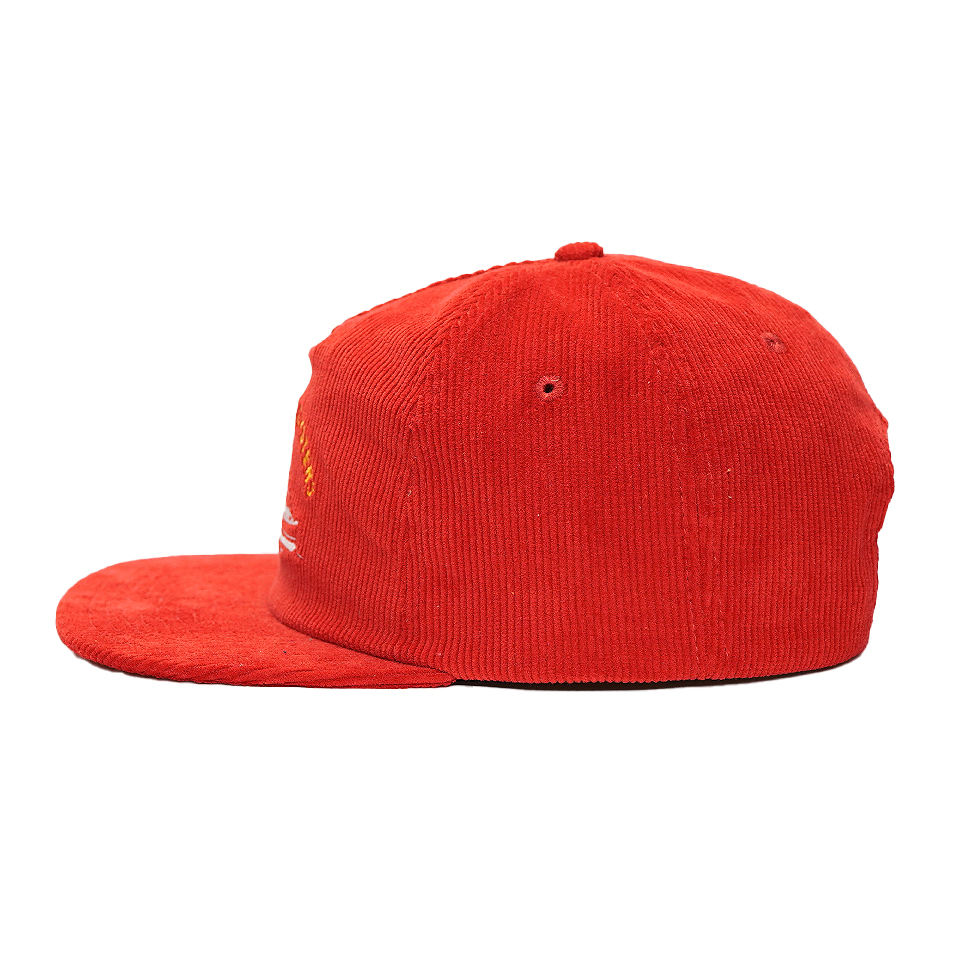 Red Corduroy 5 Panel Snapback Cap with Embroidered Boat Graphic Logo and Flat Brim