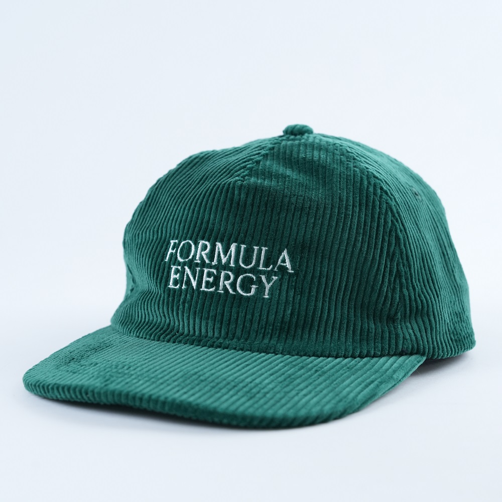 Dark Green Corduroy Five-Panel Cap with White Text Embroidery