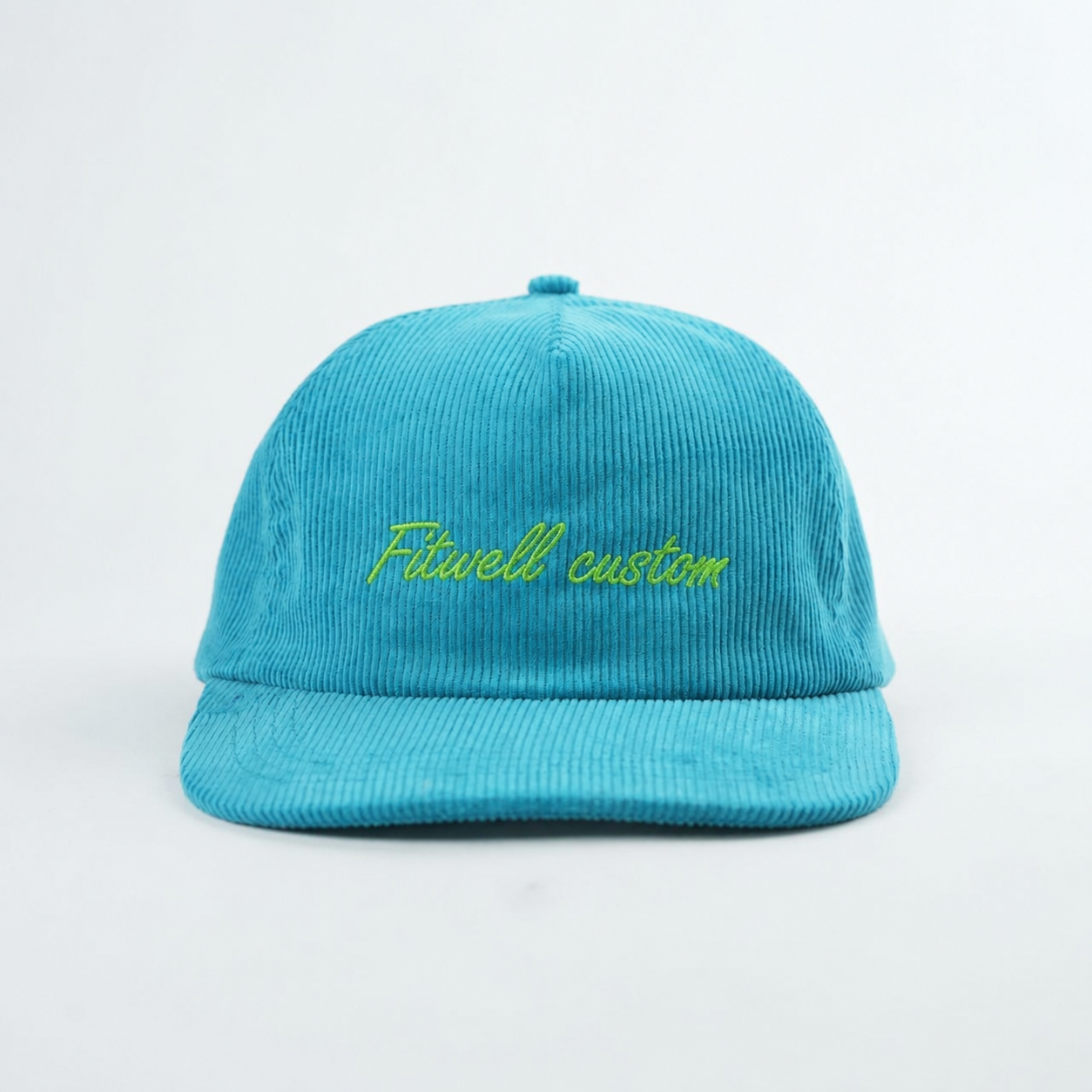 Turquoise Corduroy Five-Panel Cap with Lime Slogan Embroidery