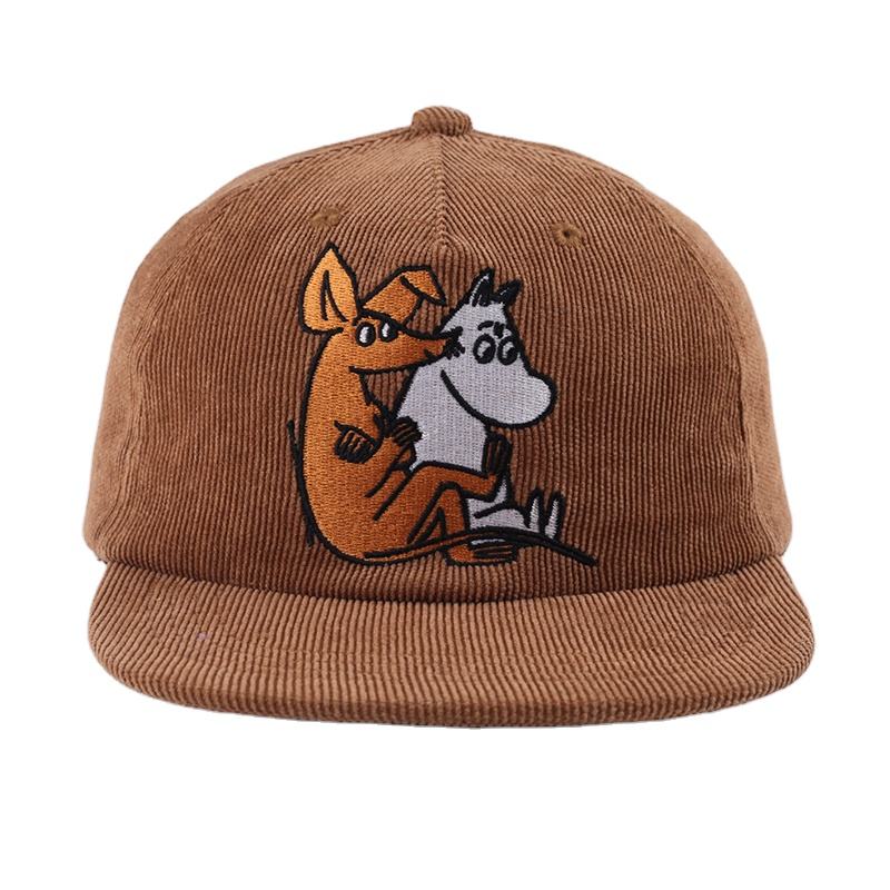 Brown Corduroy Cartoon Duo Embroidered Flat-Brim Snapback Cap