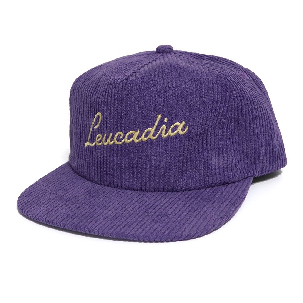 Purple Corduroy Snapback Cap with Embroidered Logo Soft Front 5 Panel Baseball Hat