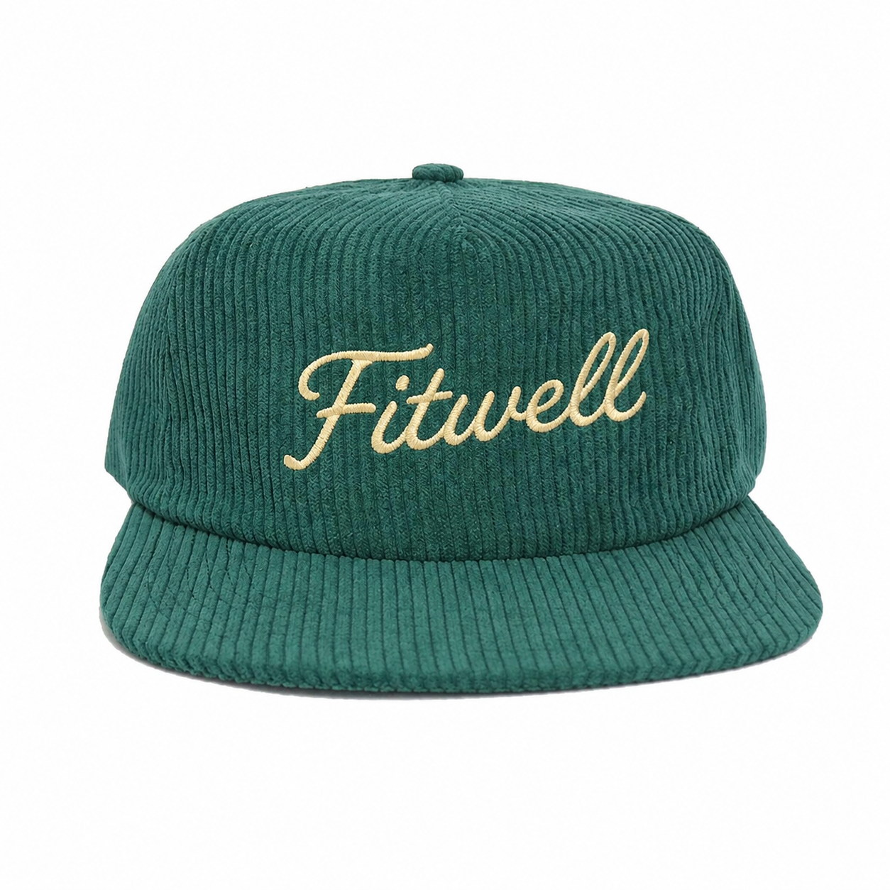Teal Green Corduroy Flat Brim Script Embroidery Snapback Hat