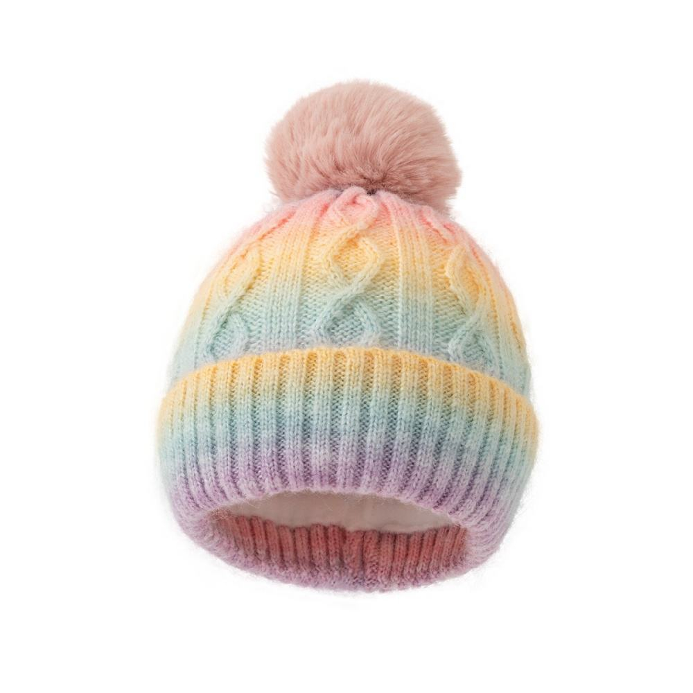 Ombre Cable Knit Cuffed Beanie with Oversized Faux Fur Pom Pom and Soft Lining – Gray Blue Mustard Pastel Multicolor Winter Hat
