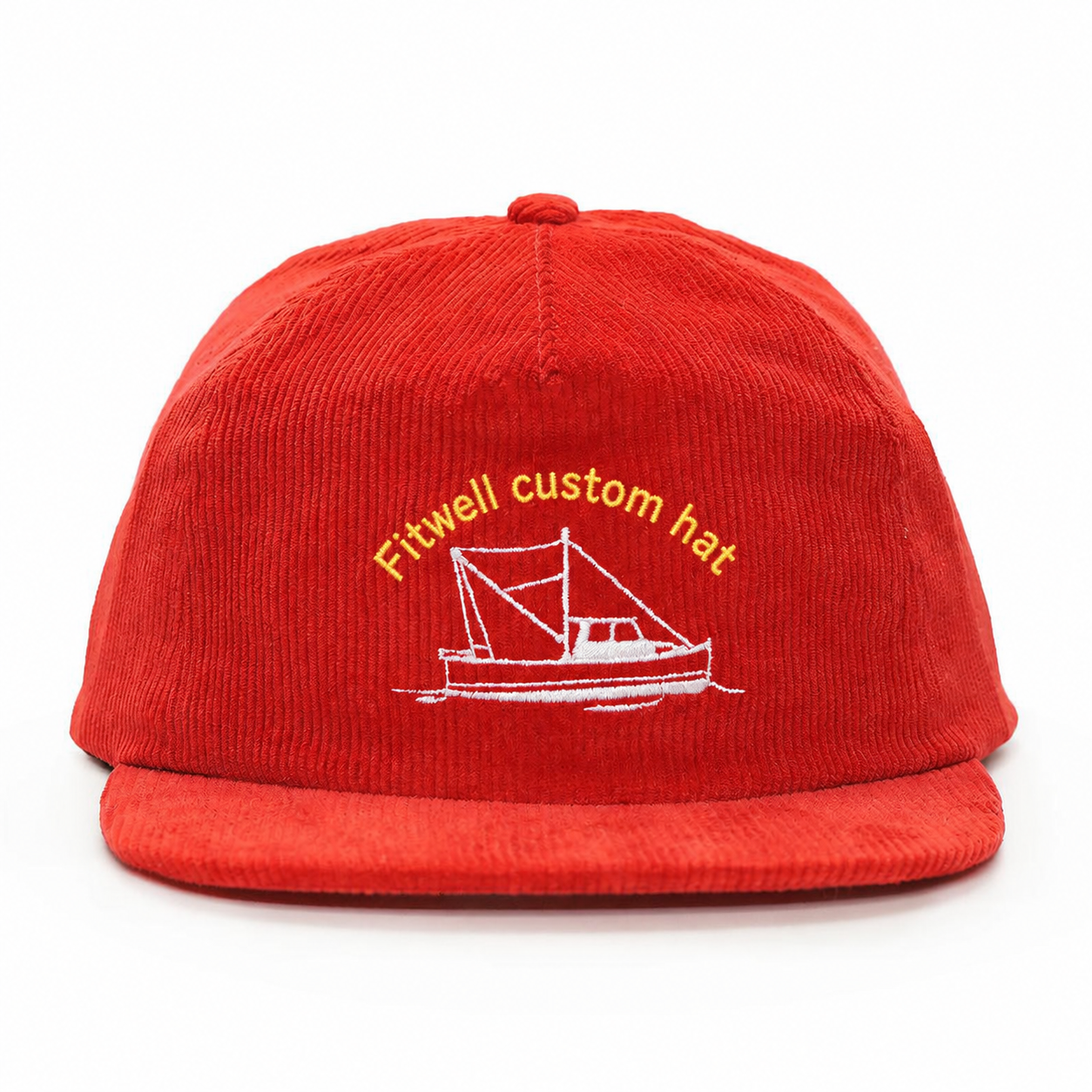 Red Corduroy 5 Panel Snapback Cap with Embroidered Boat Graphic Logo and Flat Brim