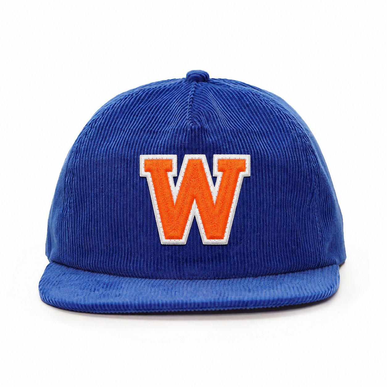 Classic Blue Corduroy Flat Brim Snapback Cap with Embroidered Front Logo