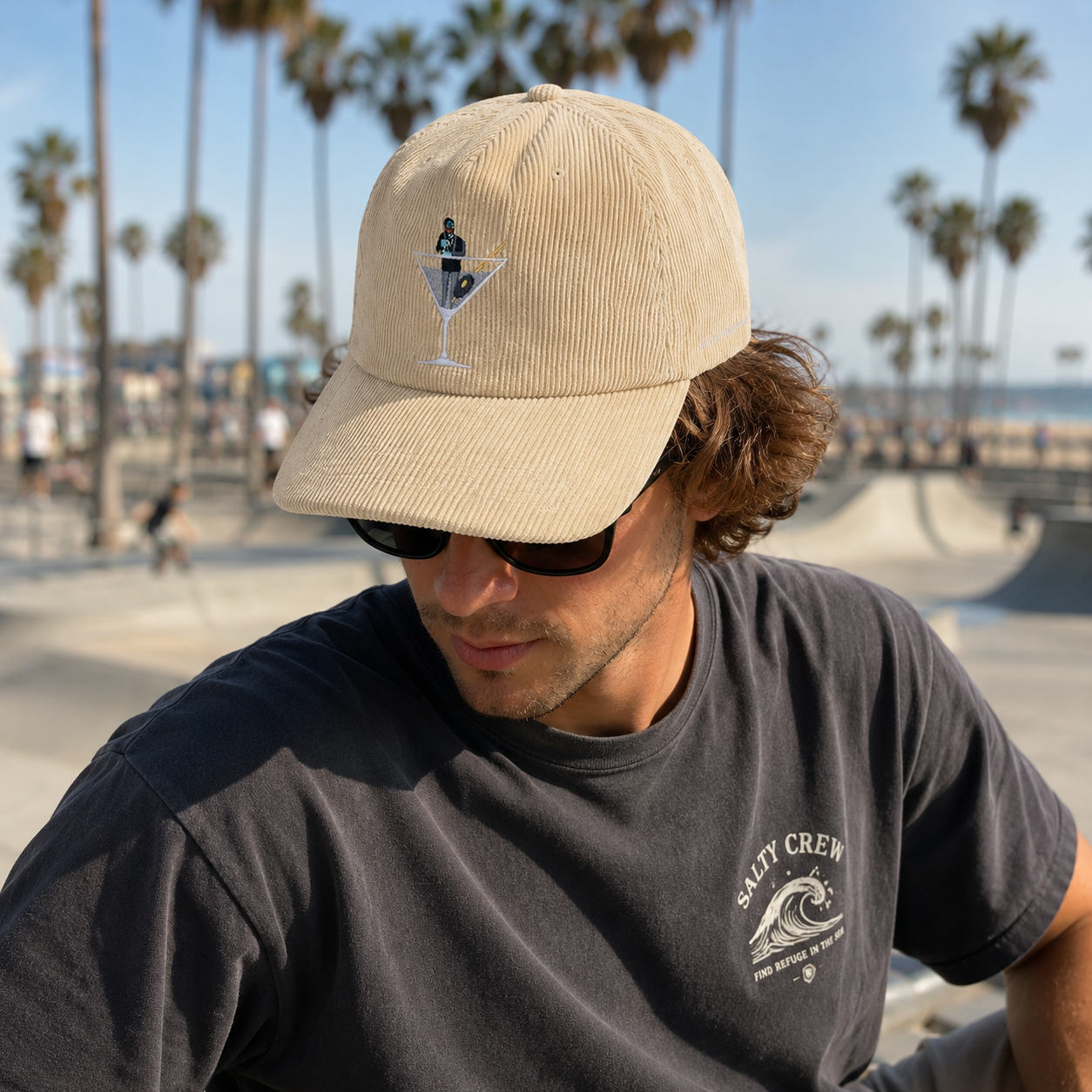 Cream Corduroy Flat Brim Snapback Cap with Martini Glass Embroidery