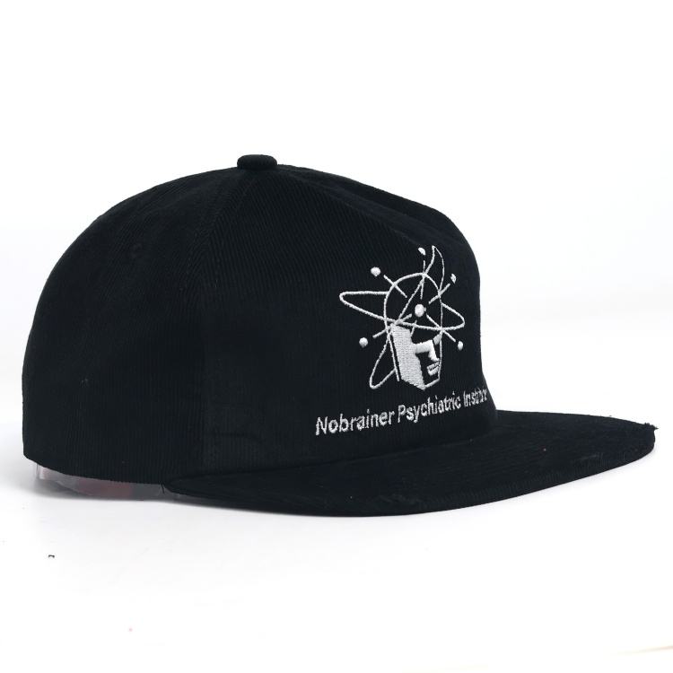 Vintage Black Corduroy Snapback Cap with Embroidered Graphic Logo, Adjustable Flat Brim Streetwear Hat
