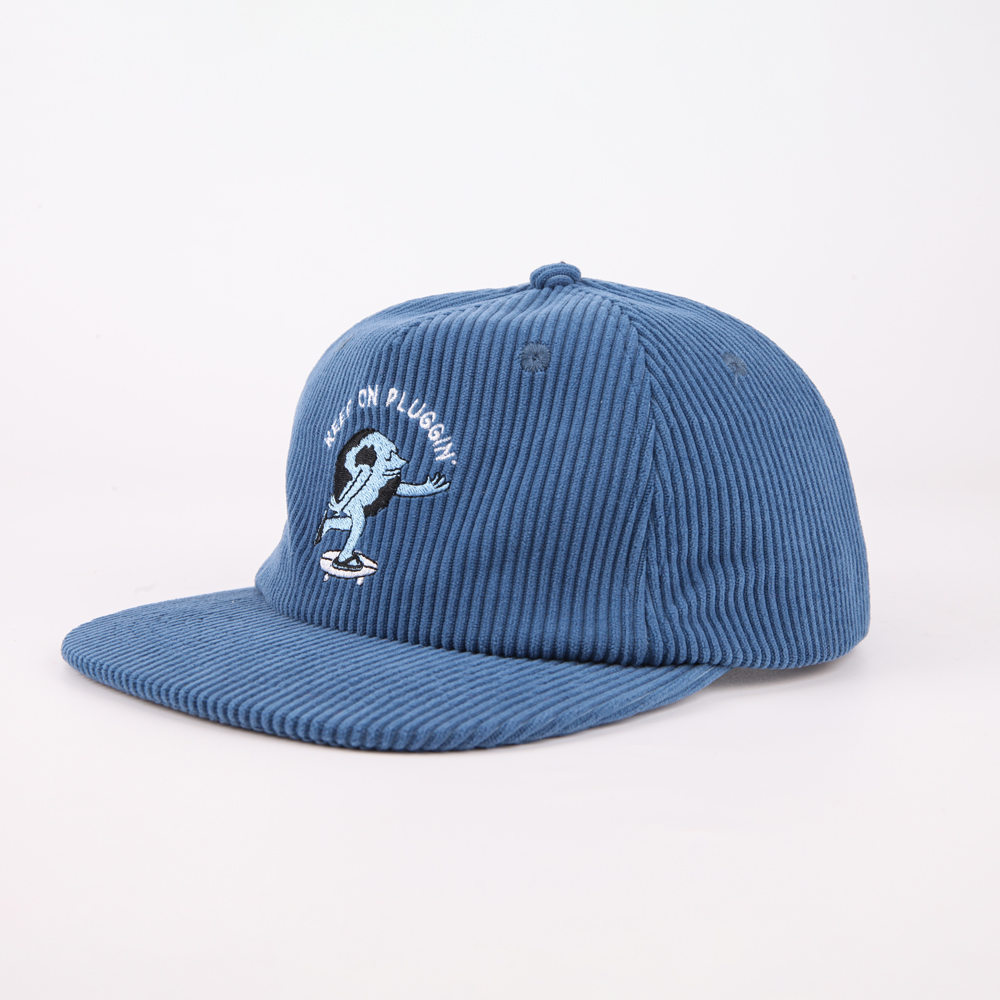 Blue Corduroy Snapback Cap with Embroidered Skateboard Character Logo