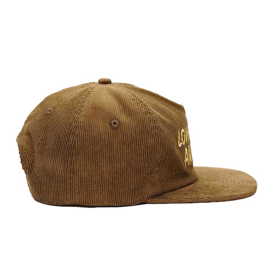 Brown Corduroy 5-Panel Snapback Cap with LOWBROW ANGLER Embroidery, Soft Crown & Flat Brim