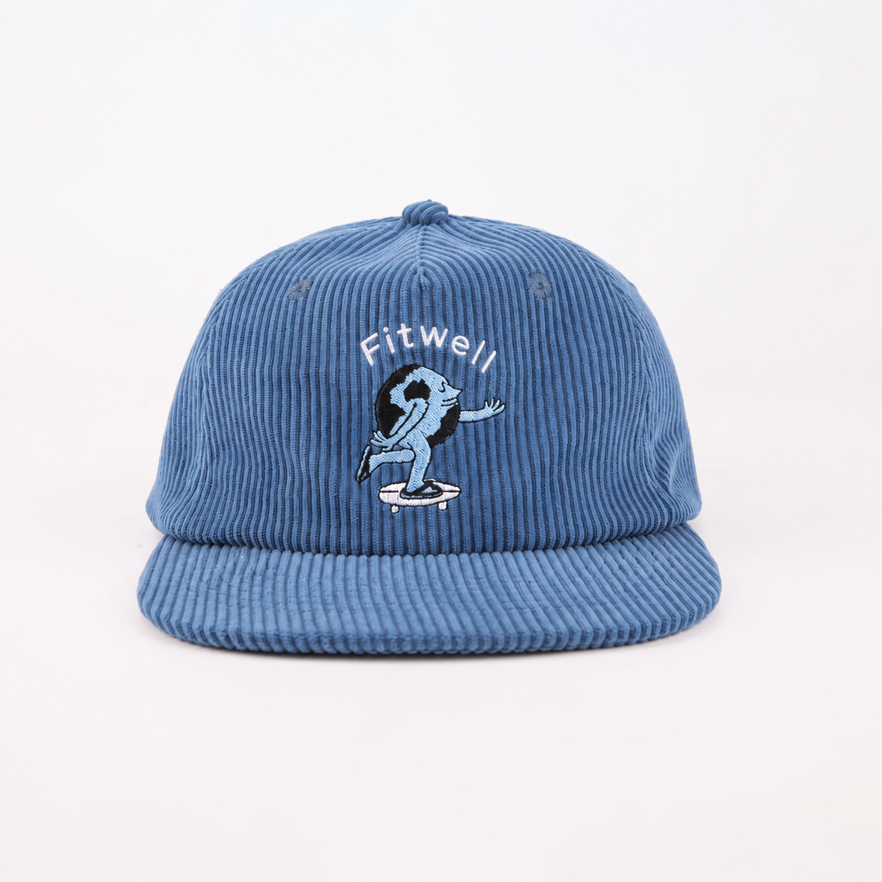Blue Corduroy Snapback Cap with Embroidered Skateboard Character Logo