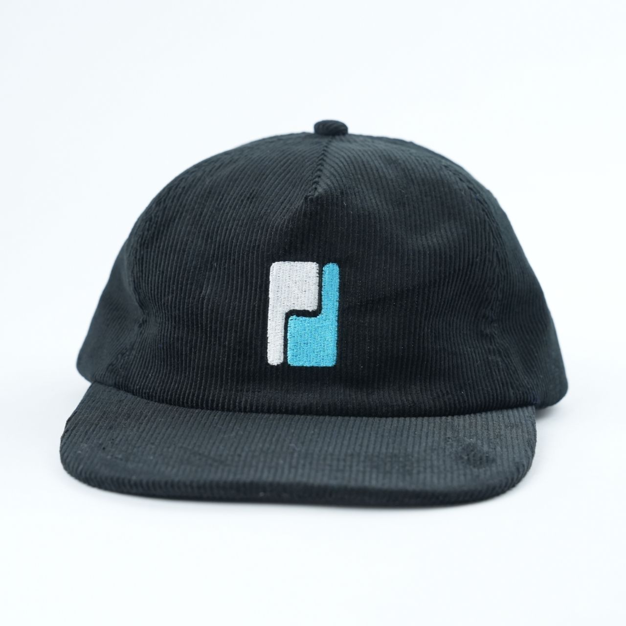Black Corduroy Five Panel Snapback Cap with Blue and White Geometric Embroidered Logo