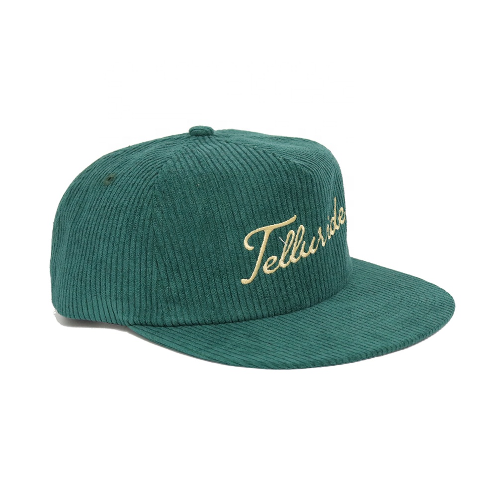Teal Green Corduroy Flat Brim Script Embroidery Snapback Hat