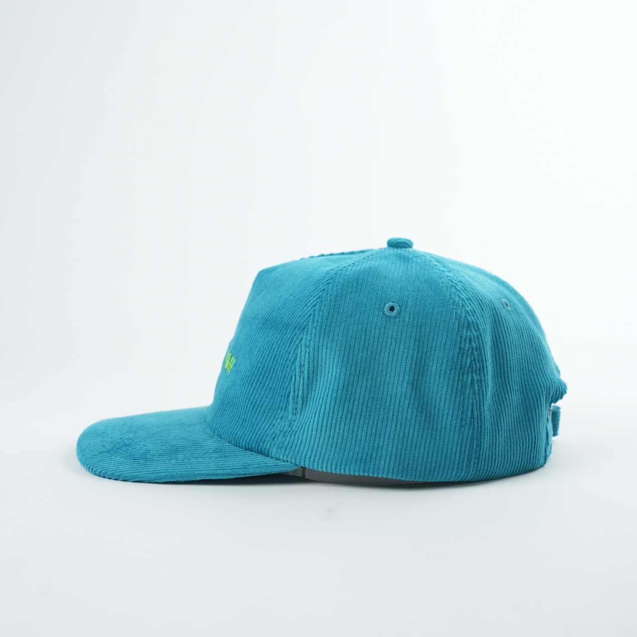Turquoise Corduroy Five-Panel Cap with Lime Slogan Embroidery