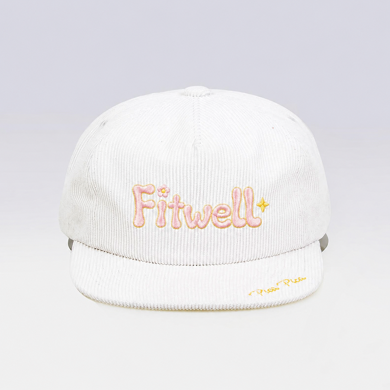 White Corduroy Snapback Cap with Floral Embroidered Logo